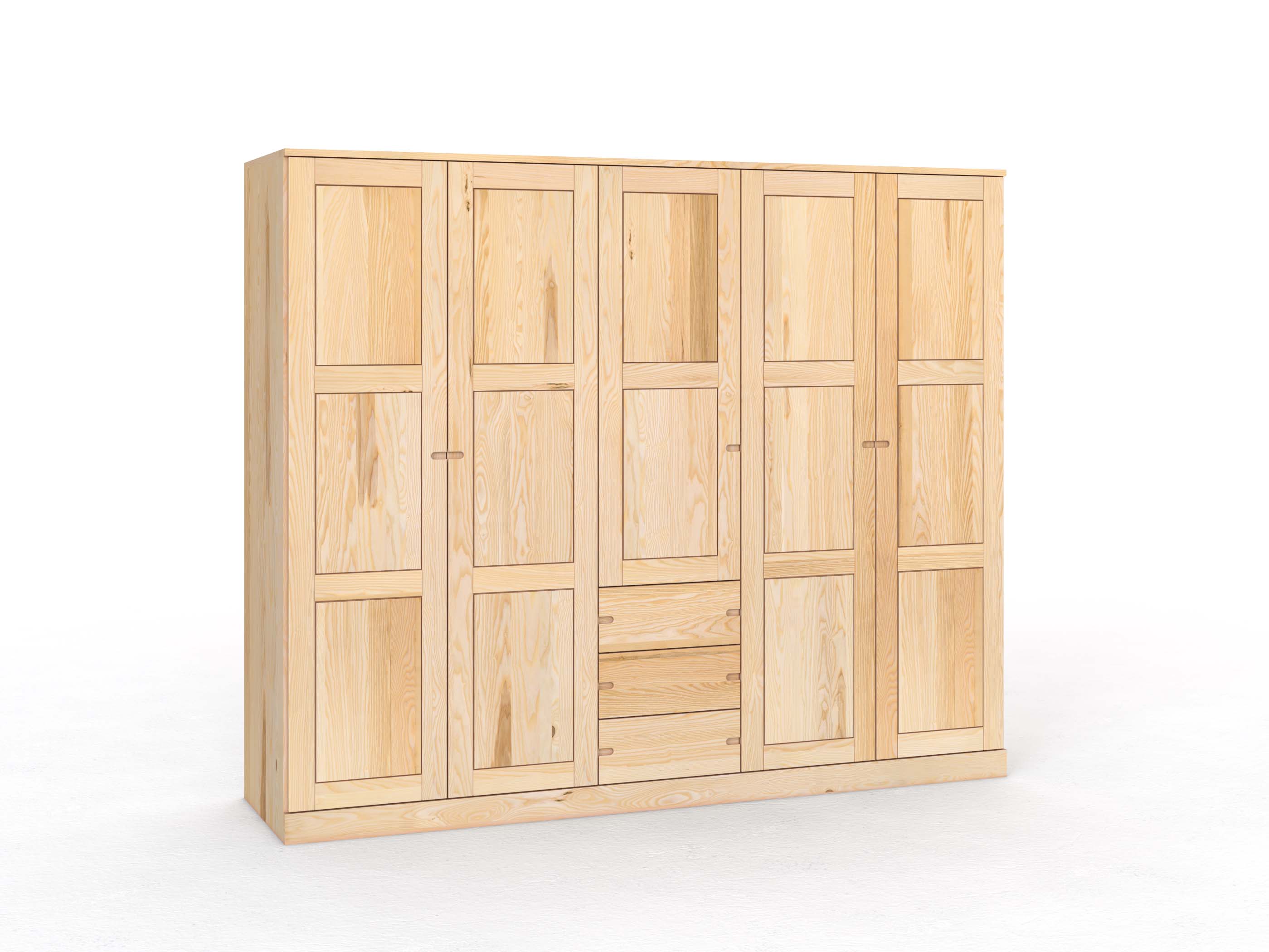 Eschenschrank „Enzian“, 5-türig, Höhe 210 cm, Griff Seite („Stefan"), mit Schubladen