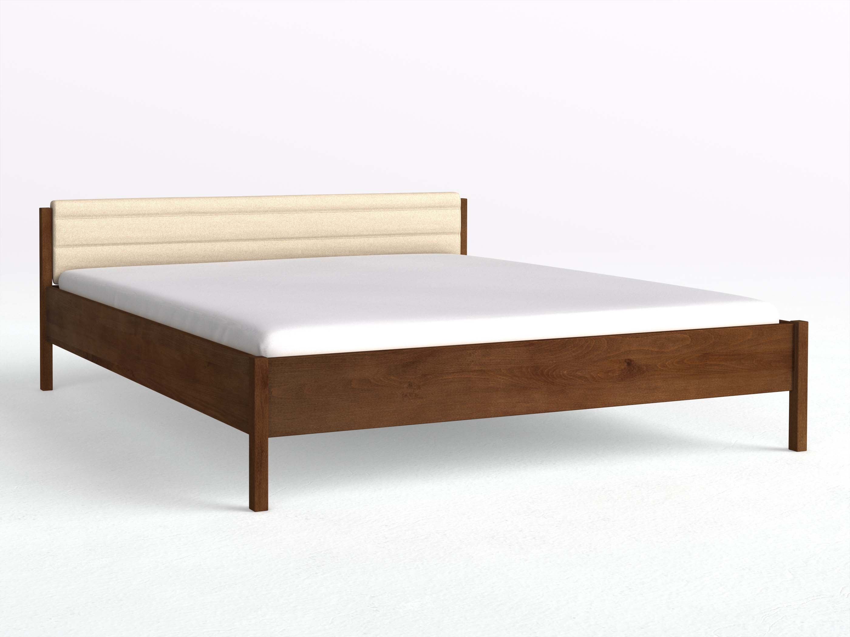 Buchenbett Dunkel „Fiona“ mit hohem Polsterkopfteil, Schafschurwolle „Fischgrät“ in Holunderblüte