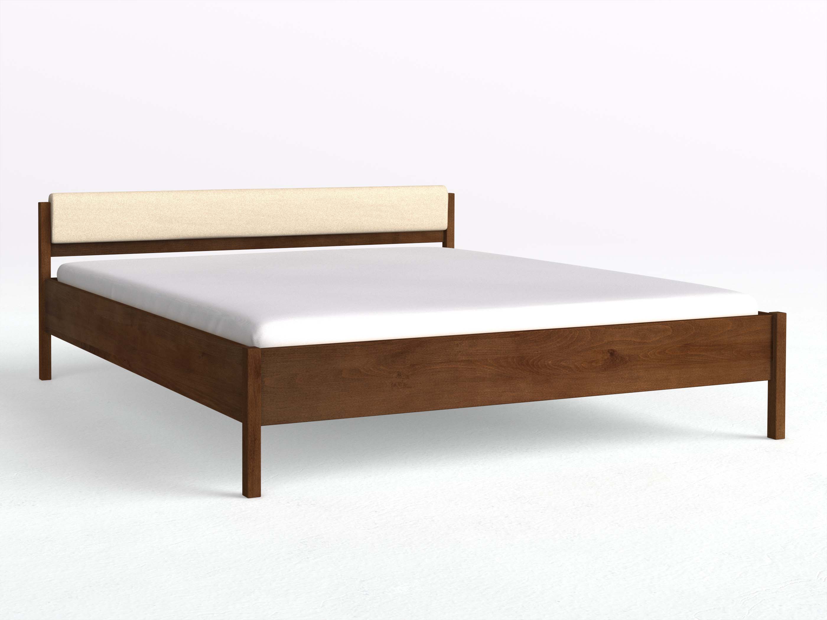 Buchenbett Dunkel „Fiona“ mit schmalem Polsterkopfteil, Schafschurwolle „Fischgrät“ in Holunderblüte