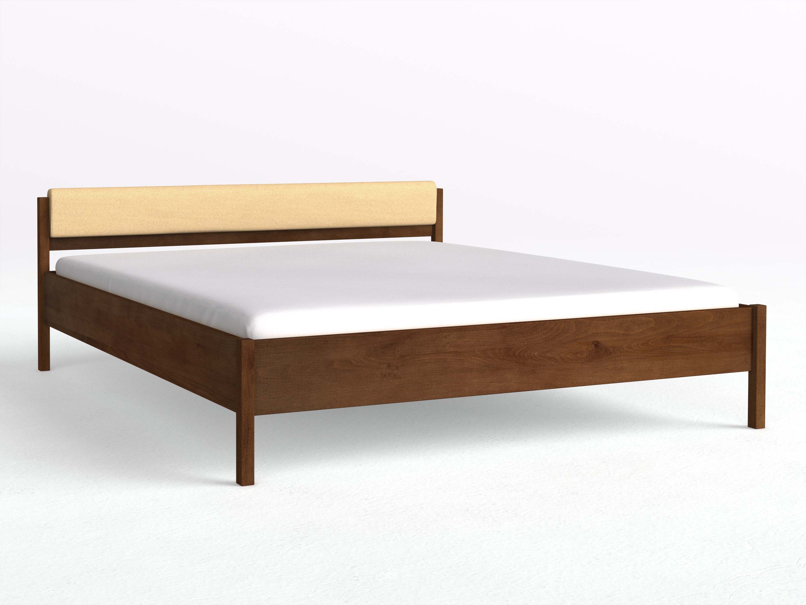 Buchenbett Dunkel „Fiona“ mit schmalem Polsterkopfteil, Schafschurwolle „Fischgrät“ in Goldhirse