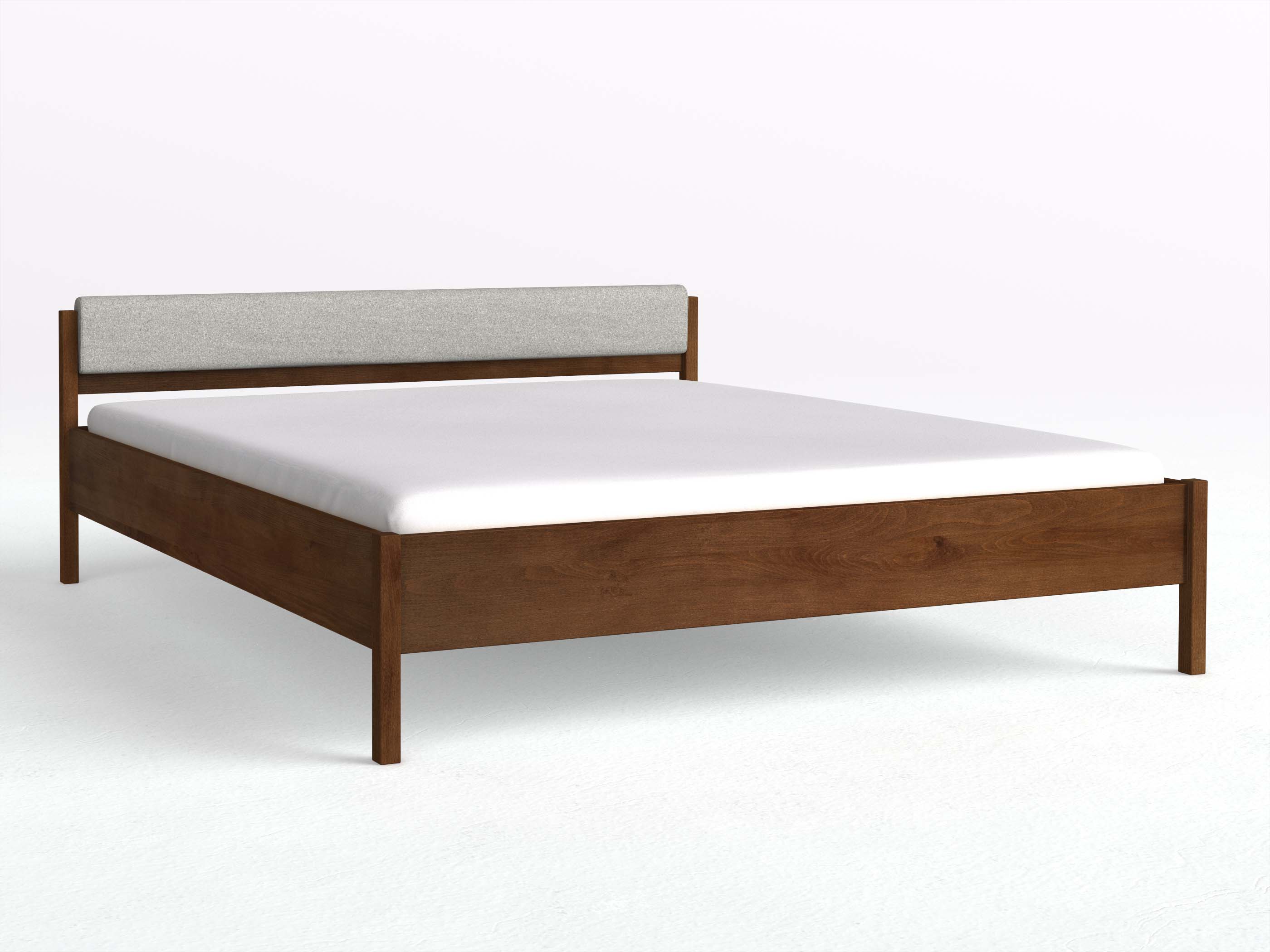 Buchenbett Dunkel „Fiona“ mit schmalem Polsterkopfteil, Schafschurwolle „Loden“ in Nebelgrau