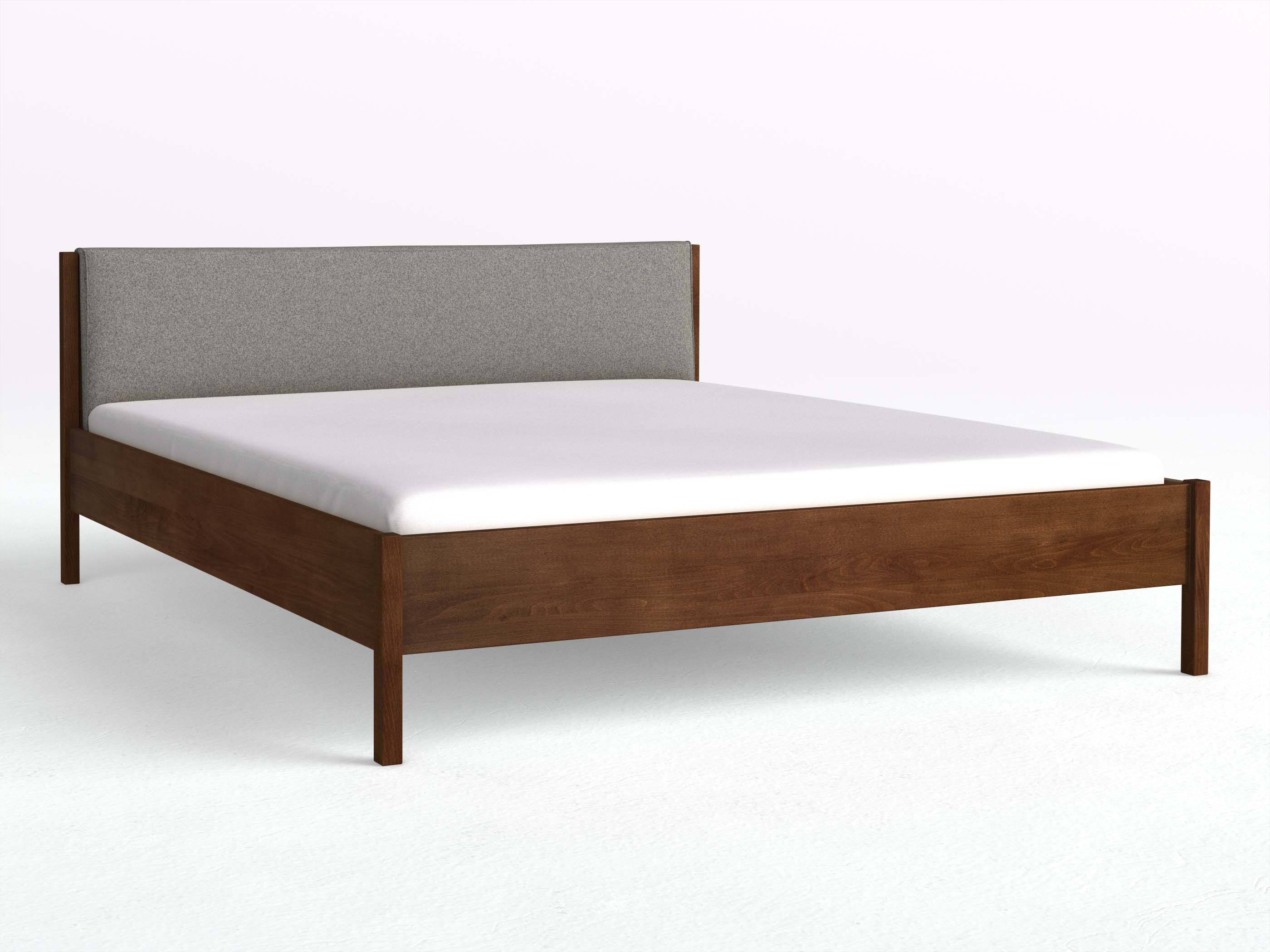 Buchenbett Dunkel „Flora“ in 180 x 200 cm, mit Stoffkopfteil - Stoff: Schafschurwolle „Fischgrät“ in der Farbe Grauer Mohn