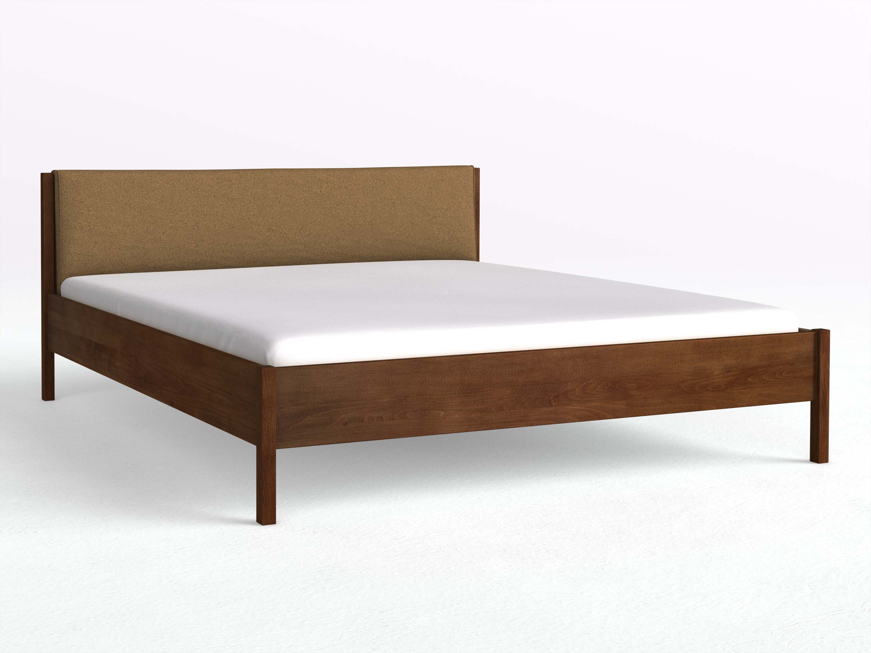 Buchenbett Dunkel „Flora“ in 180 x 200 cm, mit Stoffkopfteil - Stoff: Schafschurwolle „Loden“ in der Farbe Zimtrinde