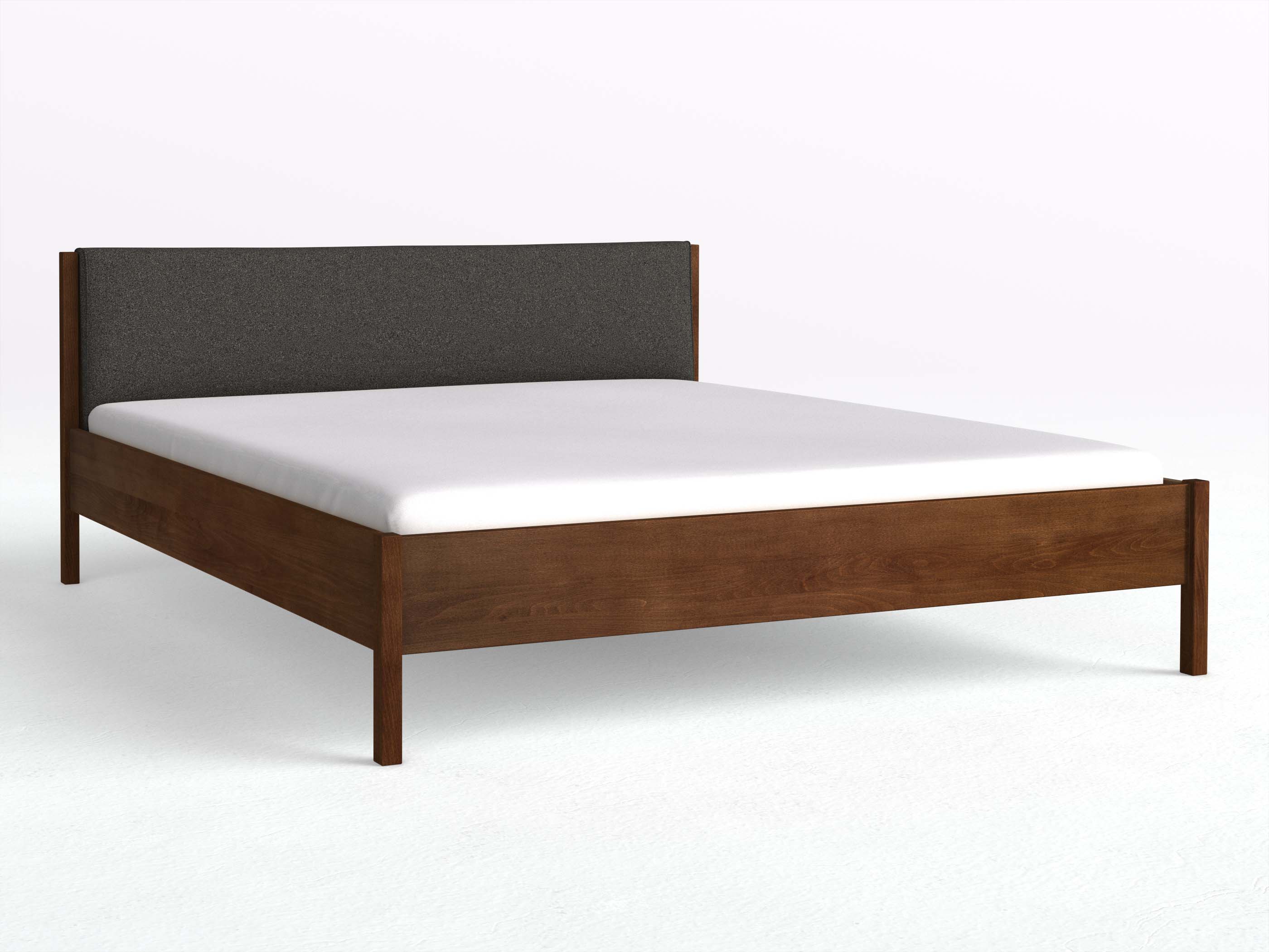 Buchenbett Dunkel „Flora“ in 180 x 200 cm, mit Stoffkopfteil - Stoff: Schafschurwolle „Loden“ in der Farbe Anthrazit