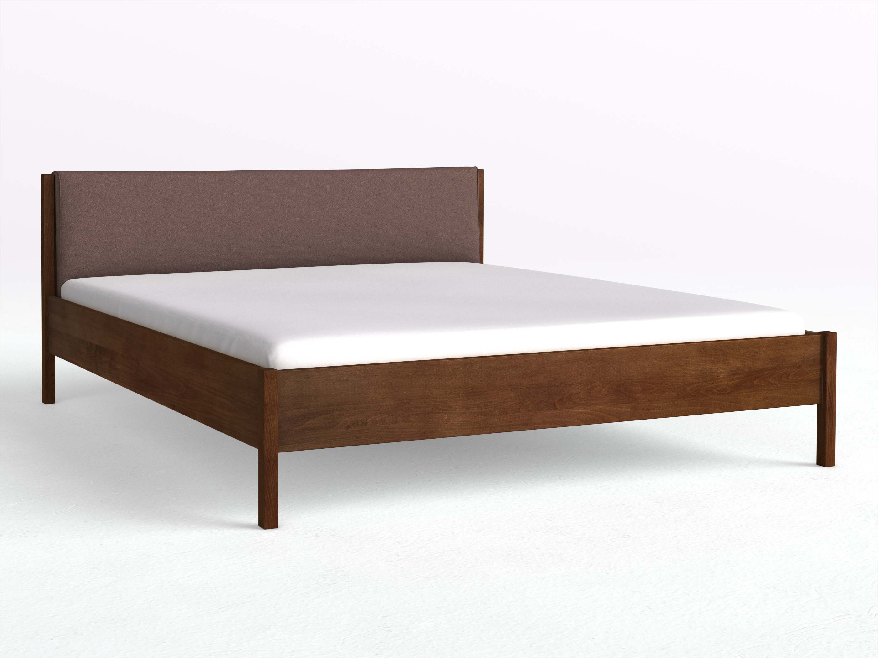 Buchenbett Dunkel „Flora“ in 180 x 200 cm, mit Stoffkopfteil - Stoff: Schafschurwolle „Loden“ in der Farbe Abenddämmerung