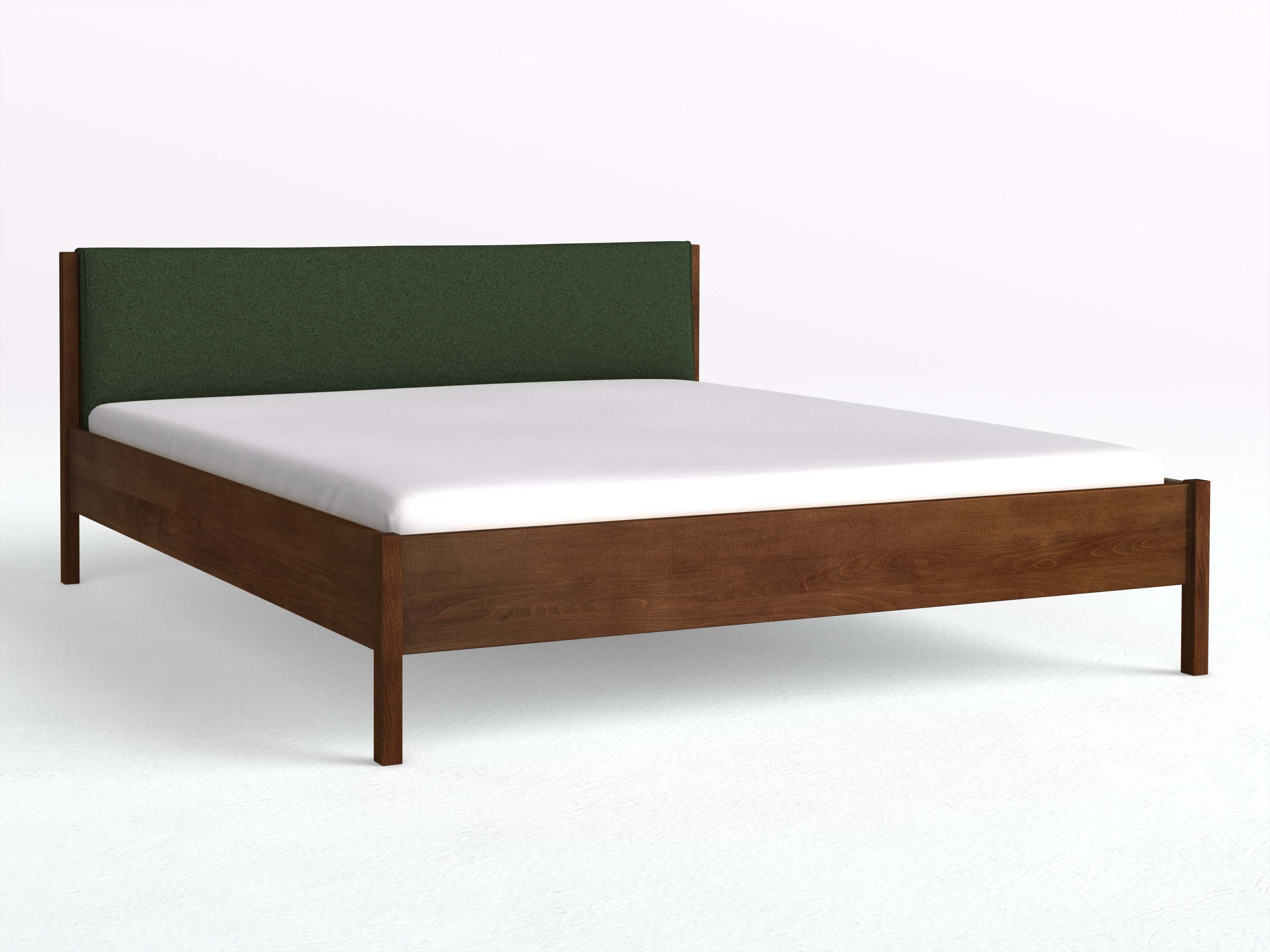 Buchenbett Dunkel „Flora“ in 180 x 200 cm, mit Stoffkopfteil - Stoff: Schafschurwolle „Loden“ in der Farbe Tannenwald