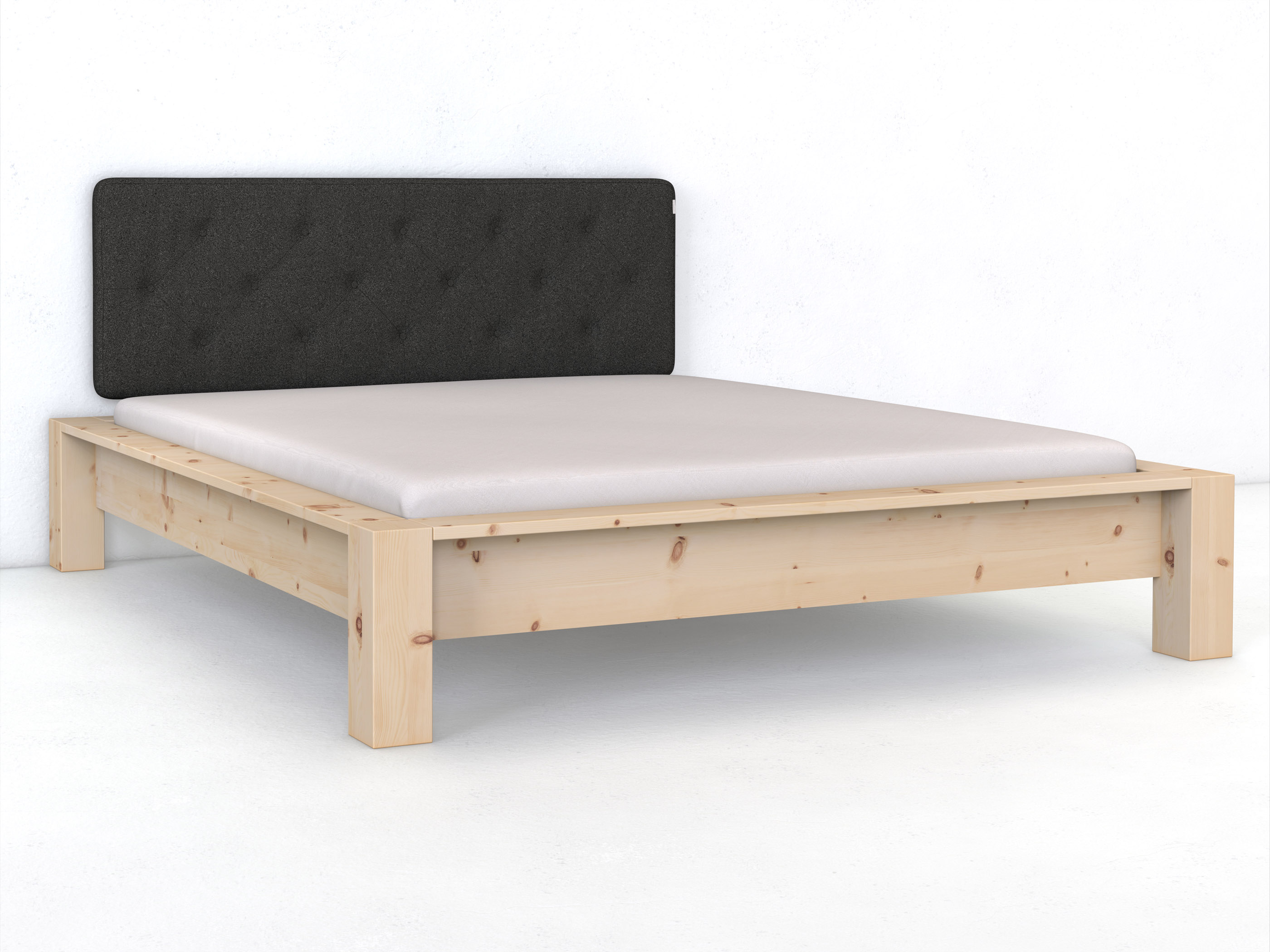 Zirbenbett „Ina" mit Polsterkopfteil „Dennis" geknöpft, 180 cm, Loden in Anthrazit