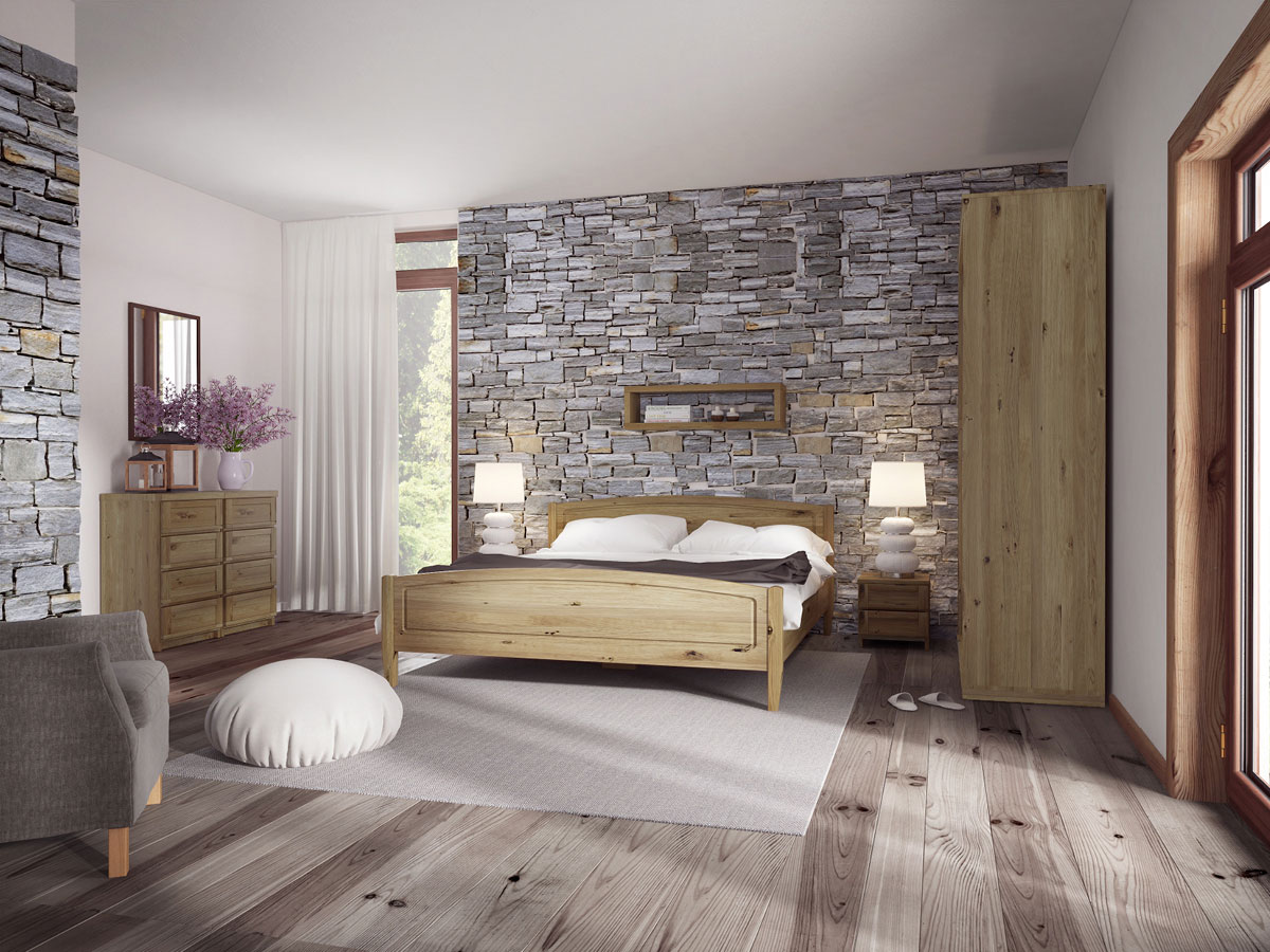 Schlafzimmer mit Bett aus Wildeiche "Linda" 180 x 200 cm
