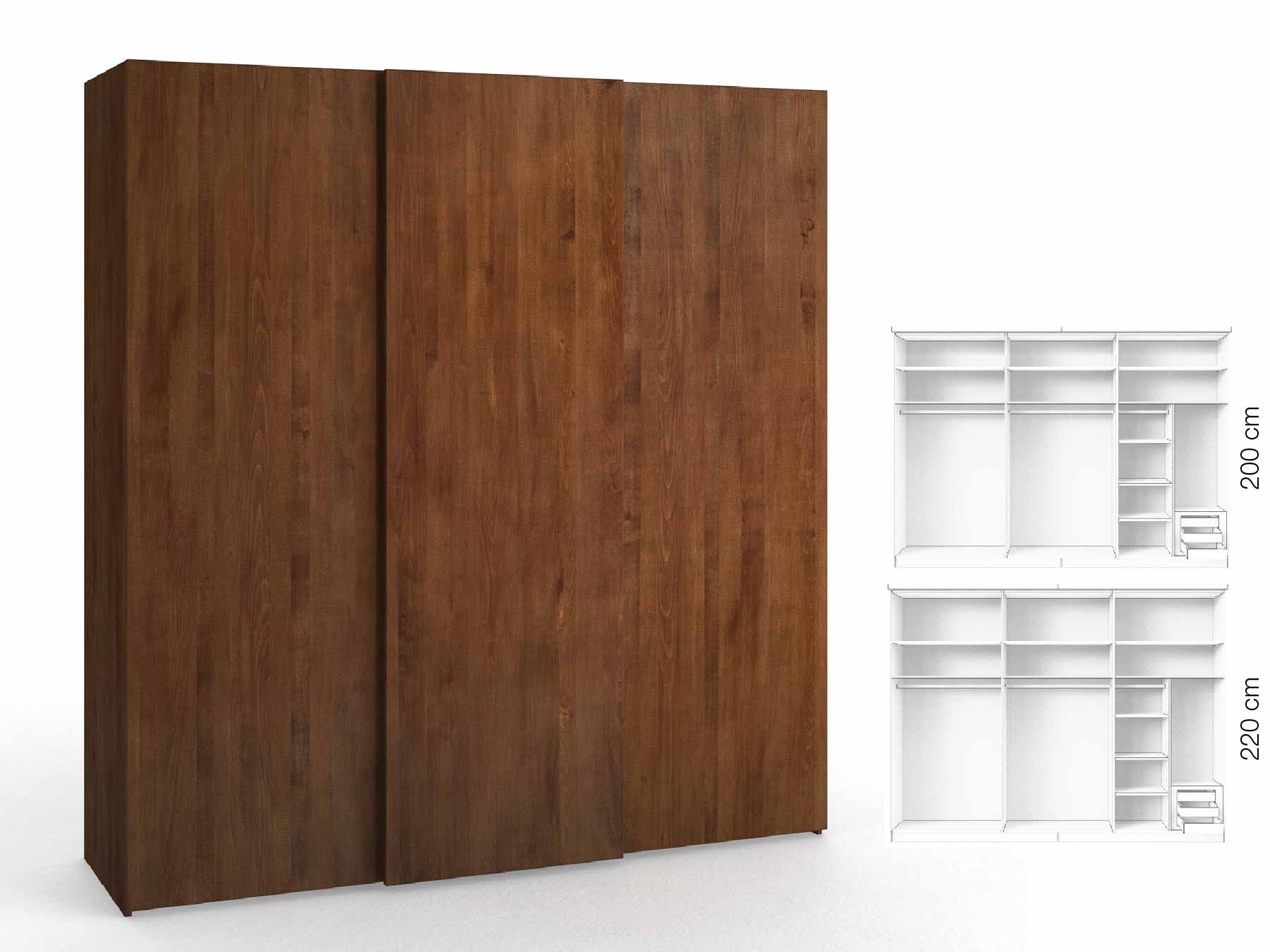 Buchenschrank Dunkel „Ludwig", 3-türig, Höhe 220 cm, Inneneinrichtung: C, Grifflos