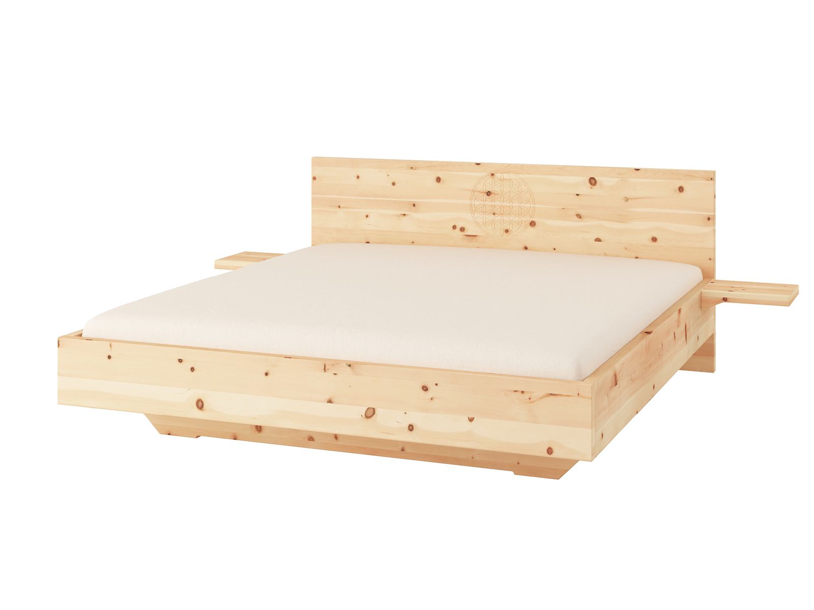 Zirbenbett „Lukas“ 180 x 200 cm mit Ablagen und Gravur