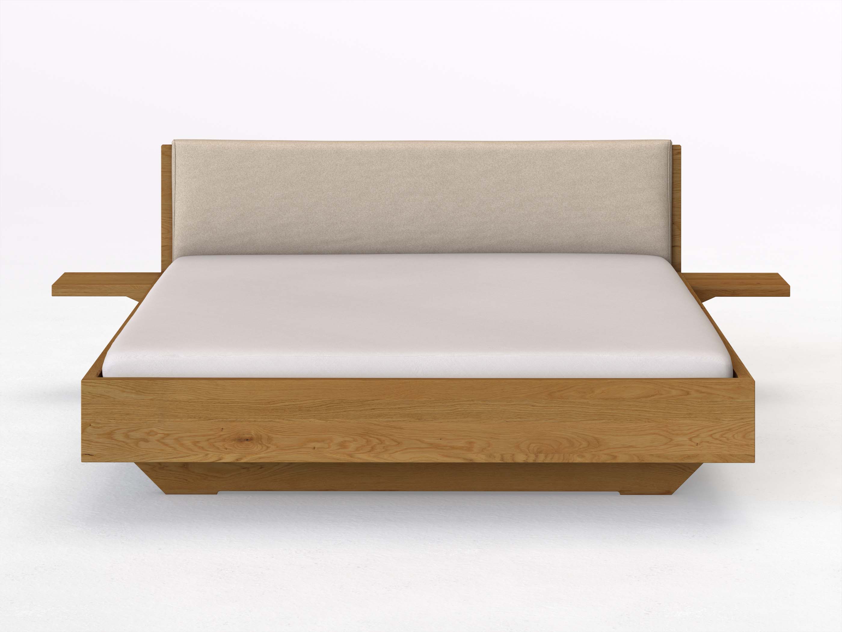 Eichenbett „Lukas“ in 180 x 200 cm mit 2 Ablagen und Stoffkopfteil - Stoff: Schafschurwolle „Fischgrät“ in der Farbe Holunderblüte