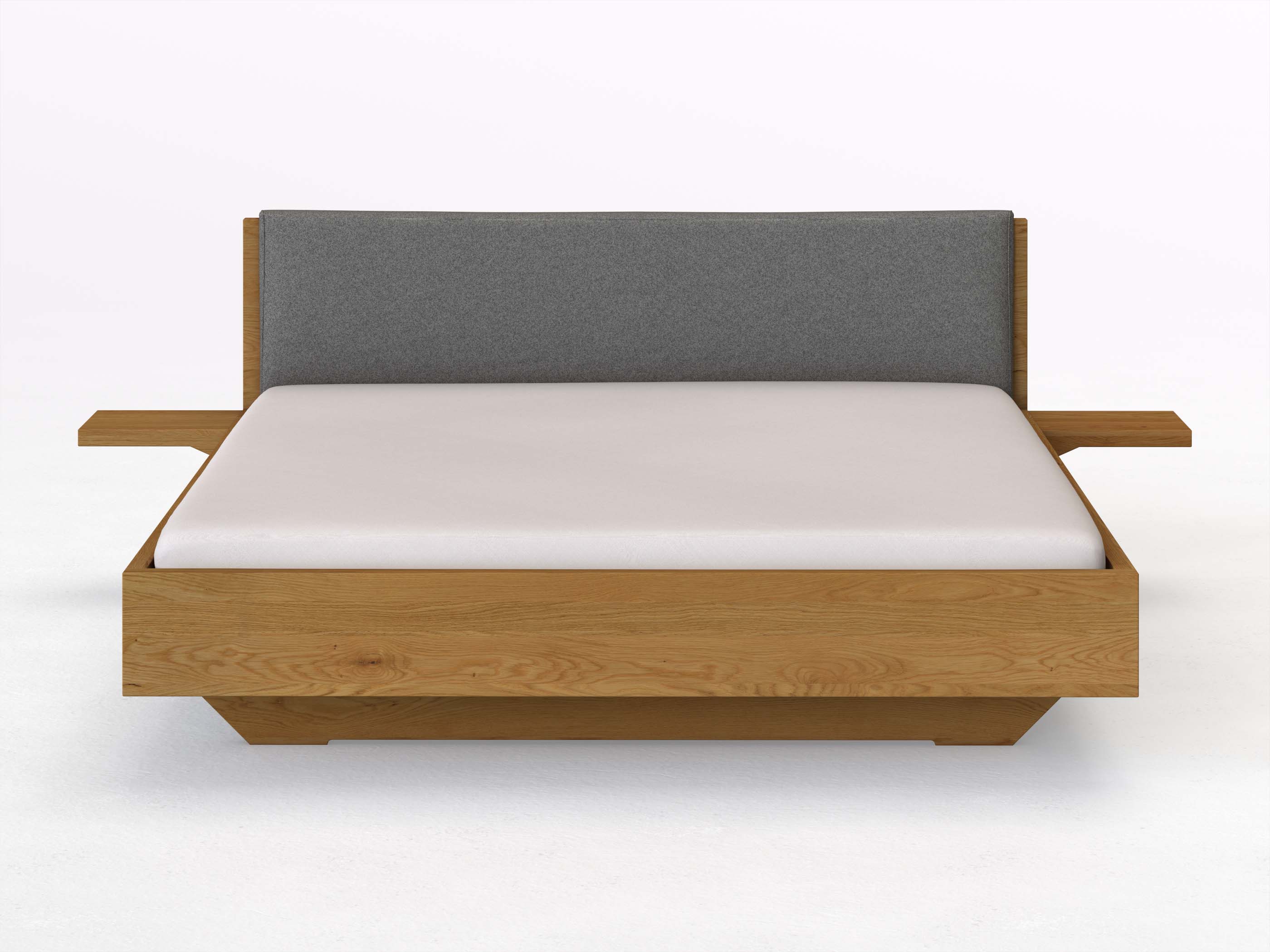 Eichenbett „Lukas“ in 180 x 200 cm mit 2 Ablagen und Stoffkopfteil - Stoff: Schafschurwolle „Fischgrät“ in der Farbe Grauer Mohn