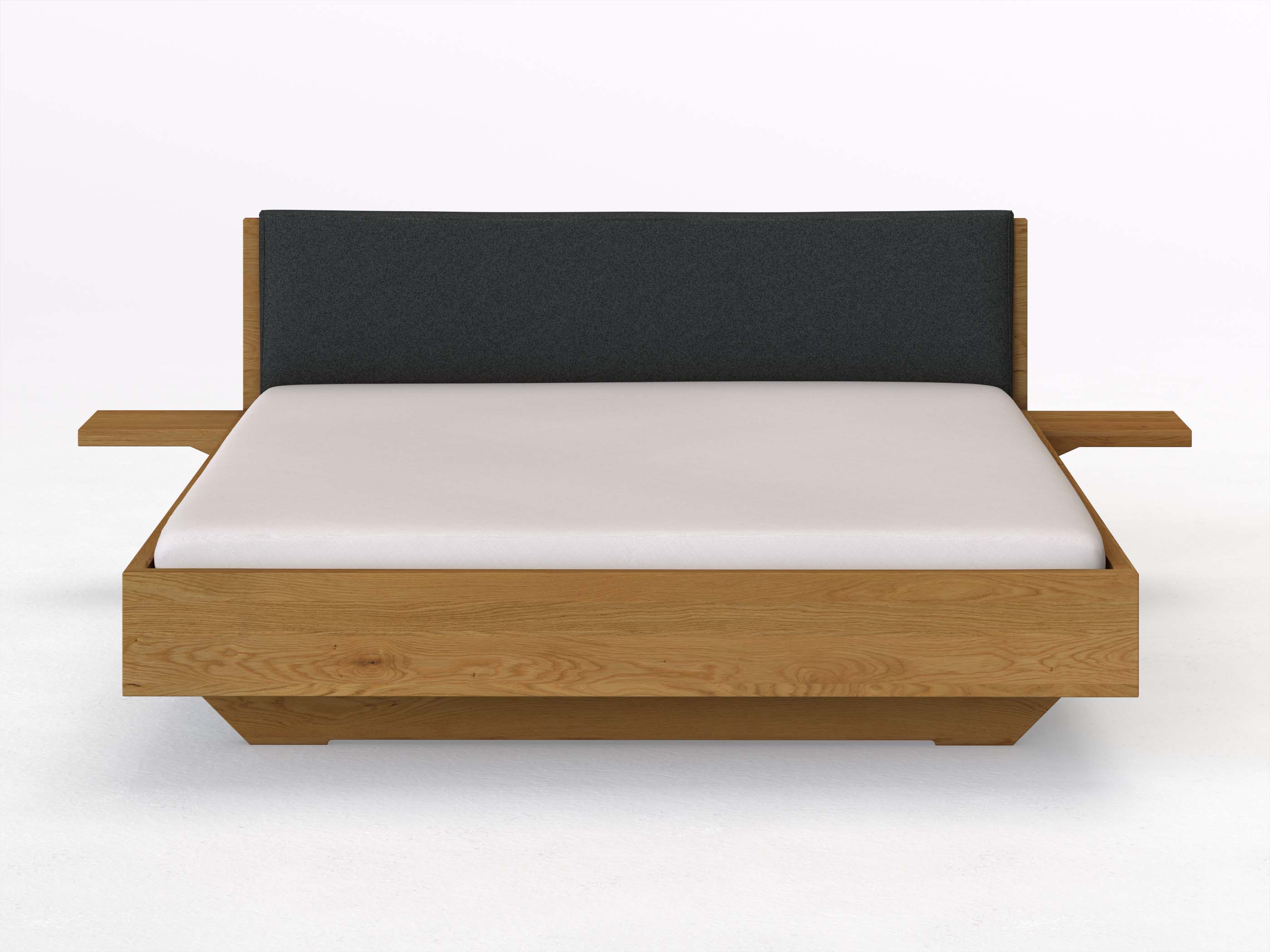 Eichenbett „Lukas“ in 180 x 200 cm mit 2 Ablagen und Stoffkopfteil - Stoff: Schafschurwolle „Fischgrät“ in der Farbe Wacholderbeere
