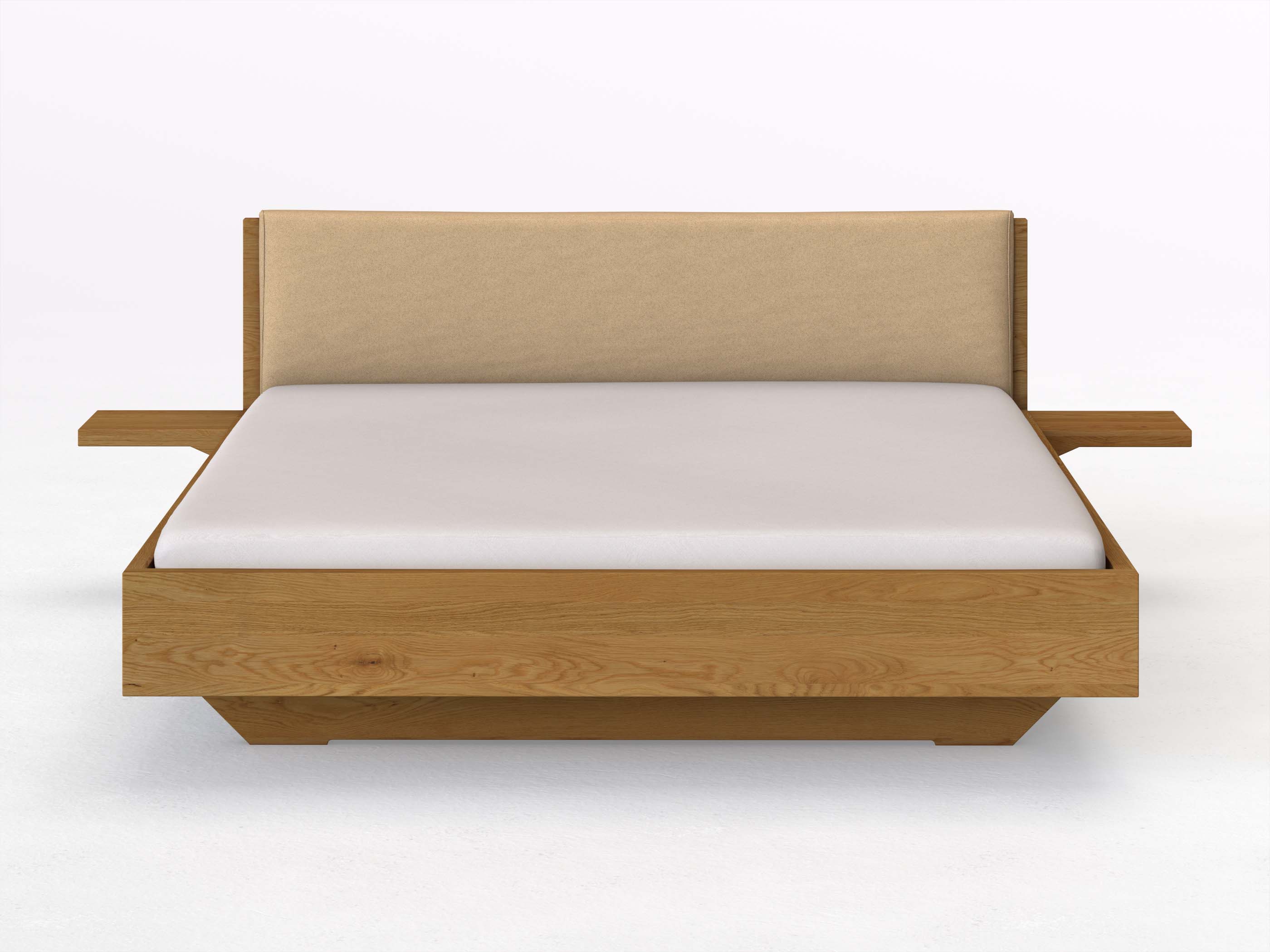 Eichenbett „Lukas“ in 180 x 200 cm mit 2 Ablagen und Stoffkopfteil - Stoff: Schafschurwolle „Fischgrät“ in der Farbe Goldhirse