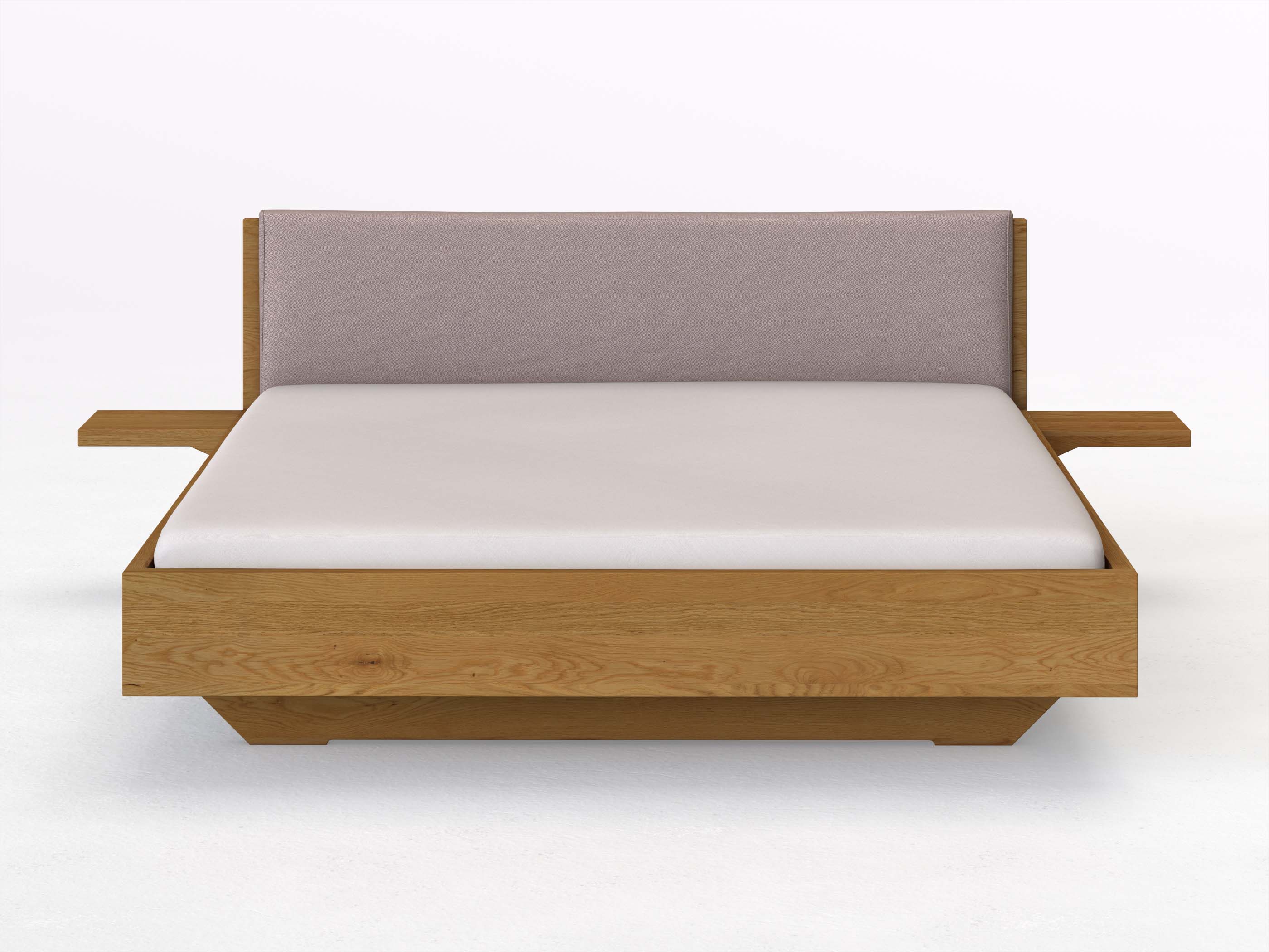 Eichenbett „Lukas“ in 180 x 200 cm mit 2 Ablagen und Stoffkopfteil - Stoff: Schafschurwolle „Fischgrät“ in der Farbe Zartflieder