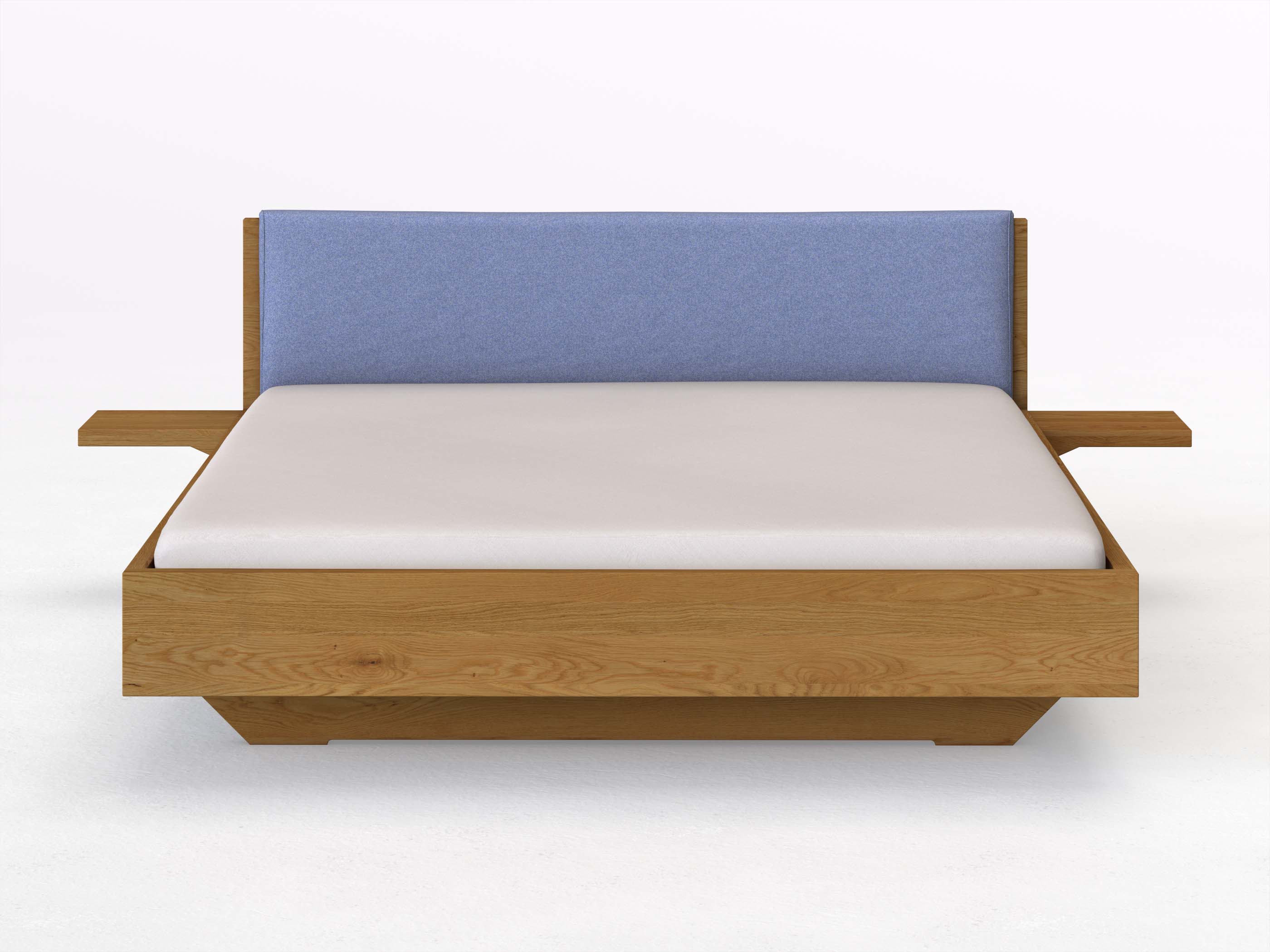 Eichenbett „Lukas“ in 180 x 200 cm mit 2 Ablagen und Stoffkopfteil - Stoff: Schafschurwolle „Fischgrät“ in der Farbe Kornblume