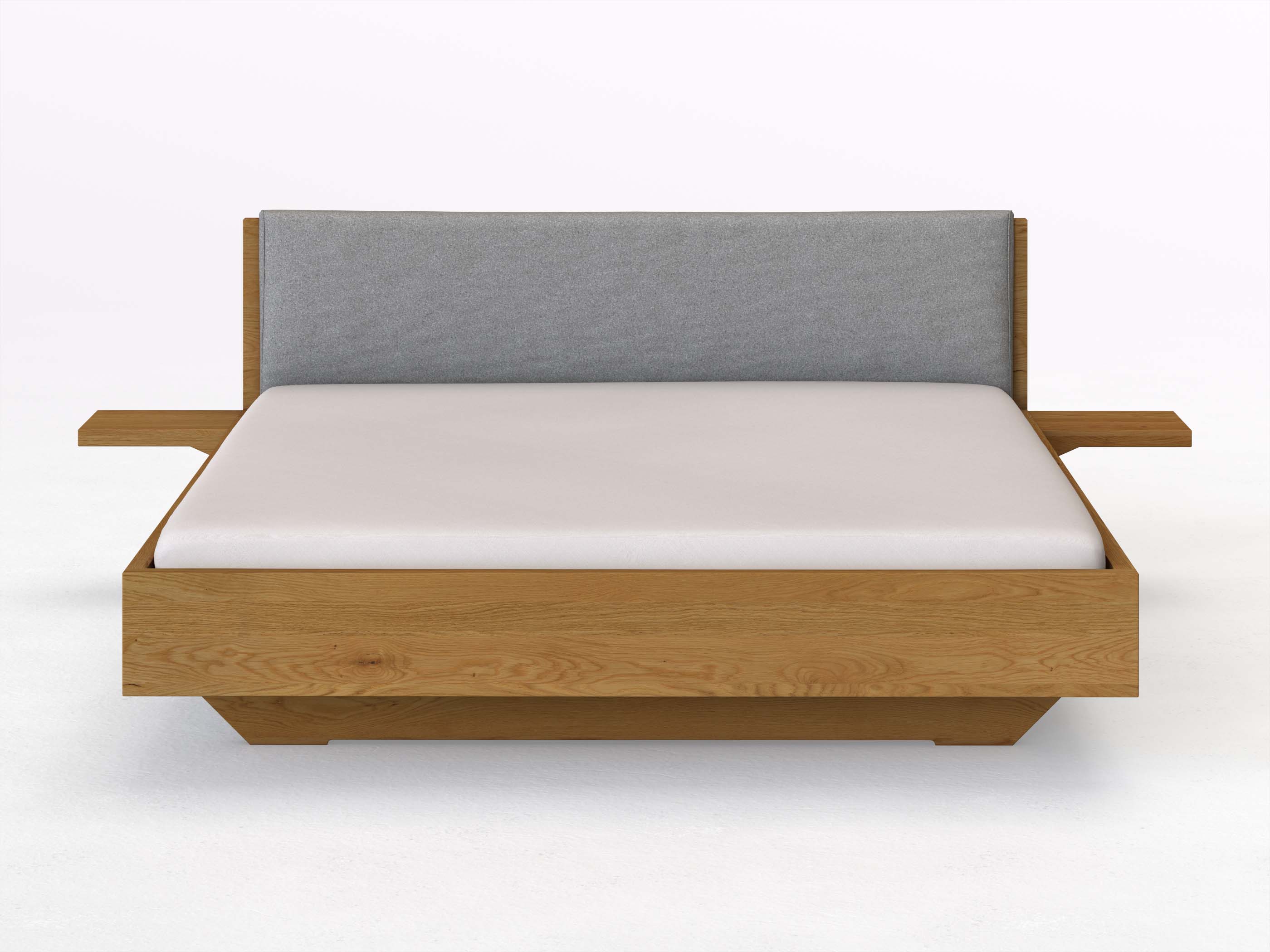 Eichenbett „Lukas“ in 180 x 200 cm mit 2 Ablagen und Stoffkopfteil - Stoff: Schafschurwolle „Loden“ in der Farbe Nebelgrau