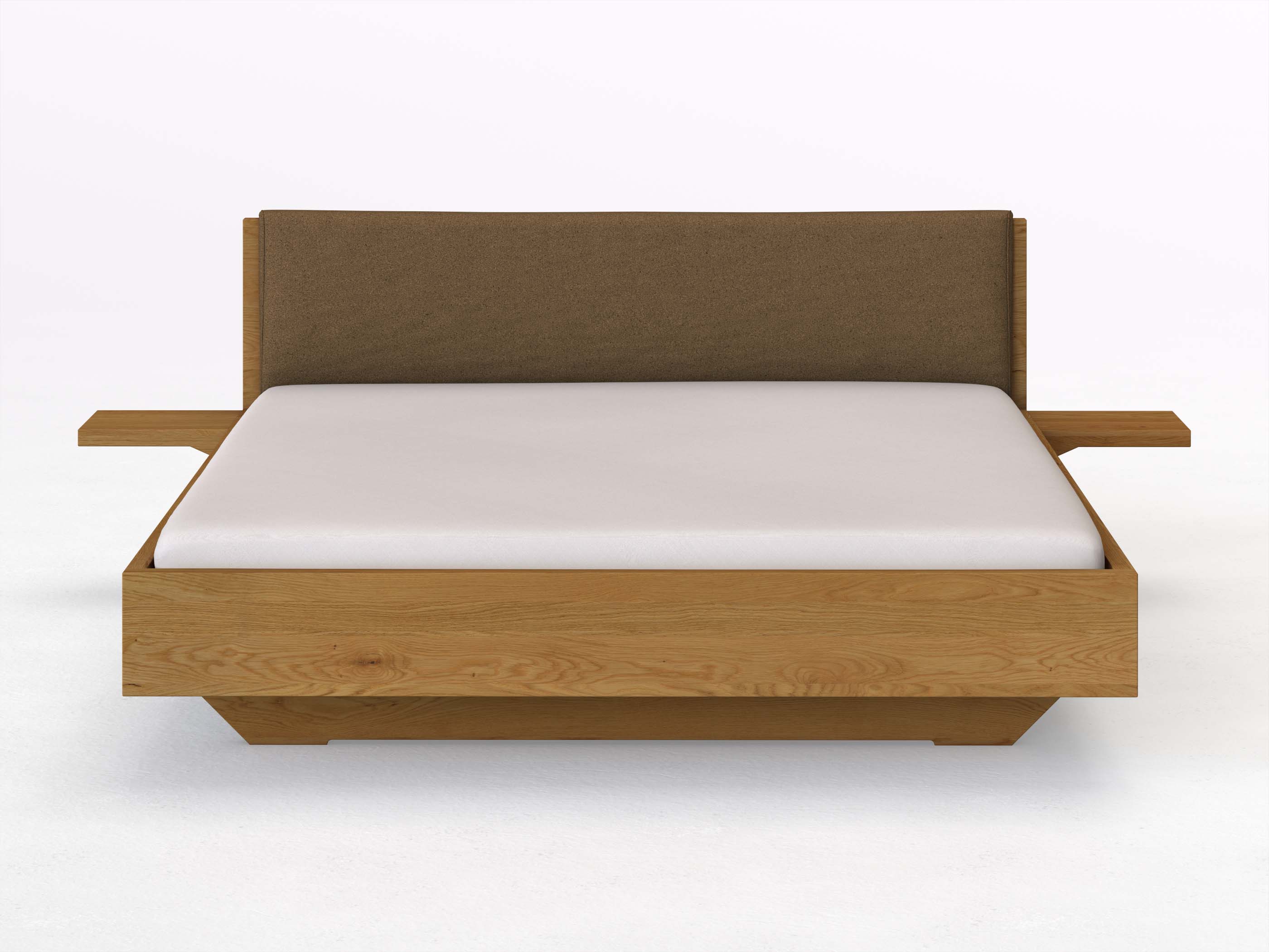 Eichenbett „Lukas“ in 180 x 200 cm mit 2 Ablagen und Stoffkopfteil - Stoff: Schafschurwolle „Loden“ in der Farbe Zimtrinde