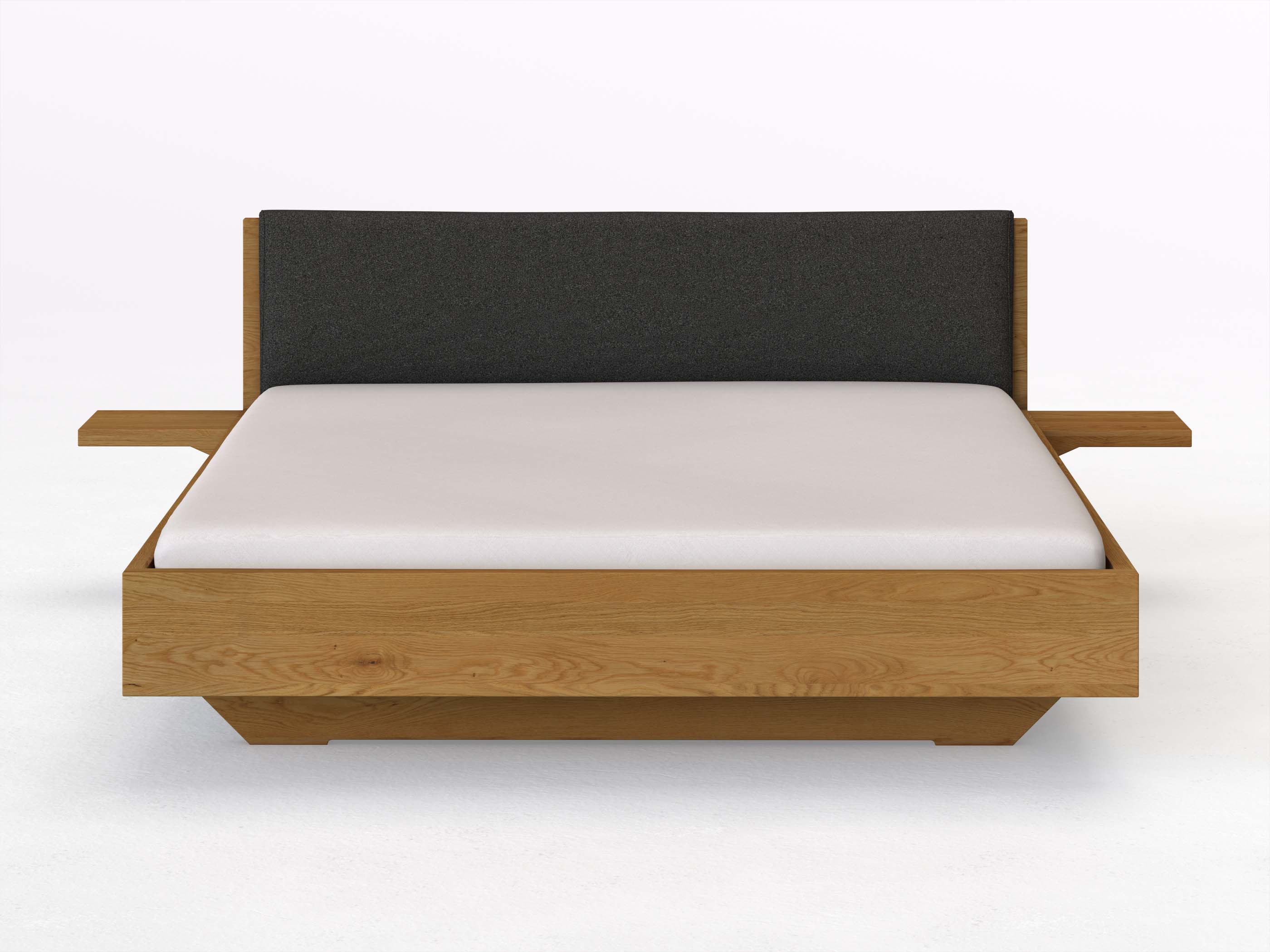 Eichenbett „Lukas“ in 180 x 200 cm mit 2 Ablagen und Stoffkopfteil - Stoff: Schafschurwolle „Loden“ in der Farbe Anthrazit