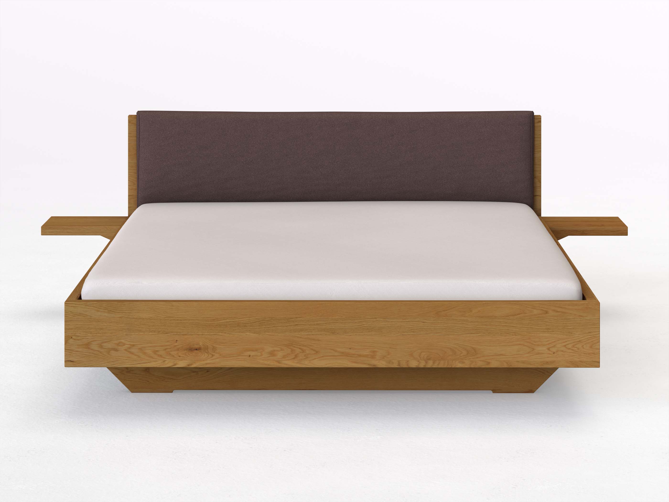 Eichenbett „Lukas“ in 180 x 200 cm mit 2 Ablagen und Stoffkopfteil - Stoff: Schafschurwolle „Loden“ in der Farbe Abenddämmerung