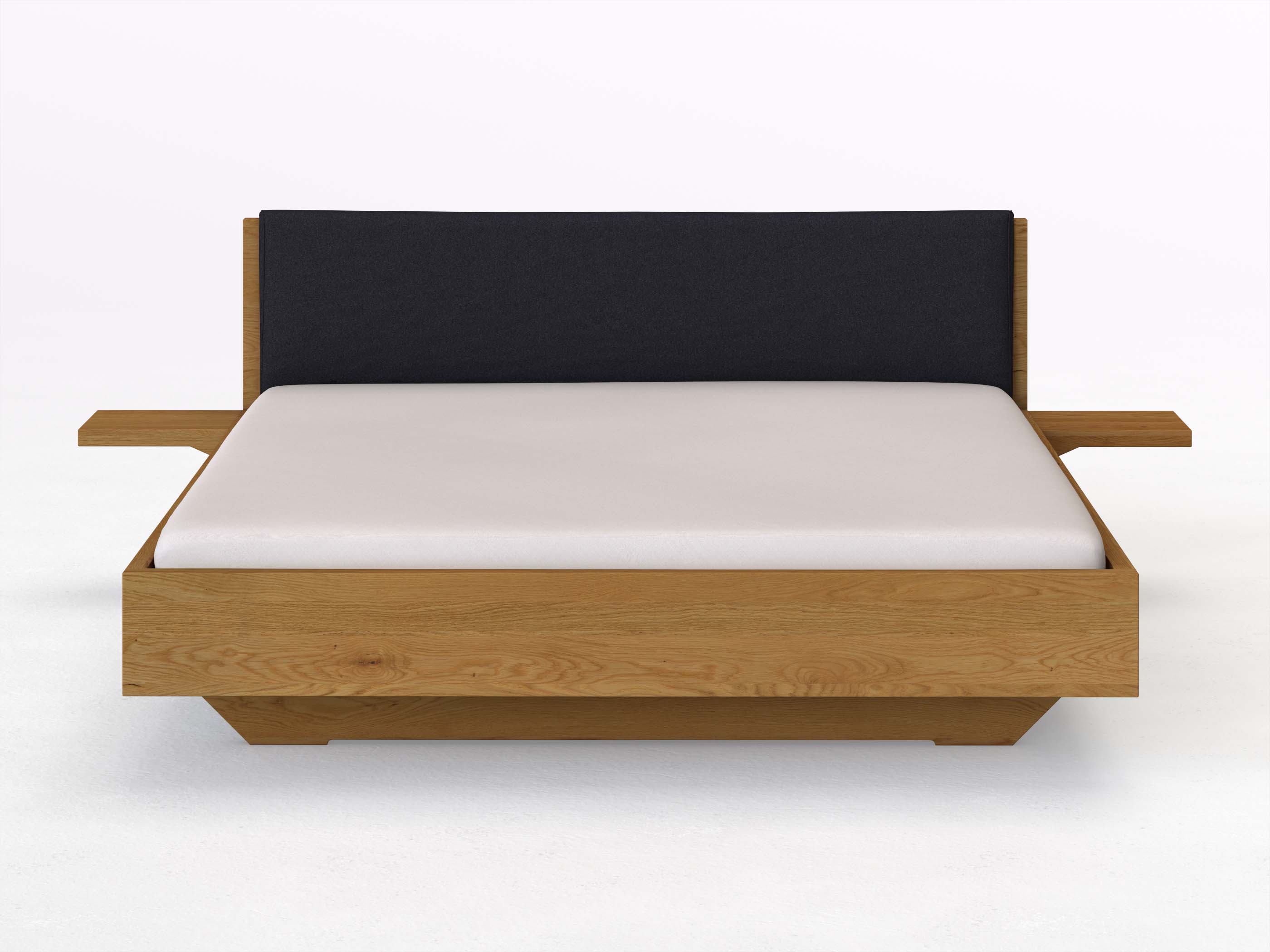 Eichenbett „Lukas“ in 180 x 200 cm mit 2 Ablagen und Stoffkopfteil - Stoff: Schafschurwolle „Loden“ in der Farbe Nachtblau