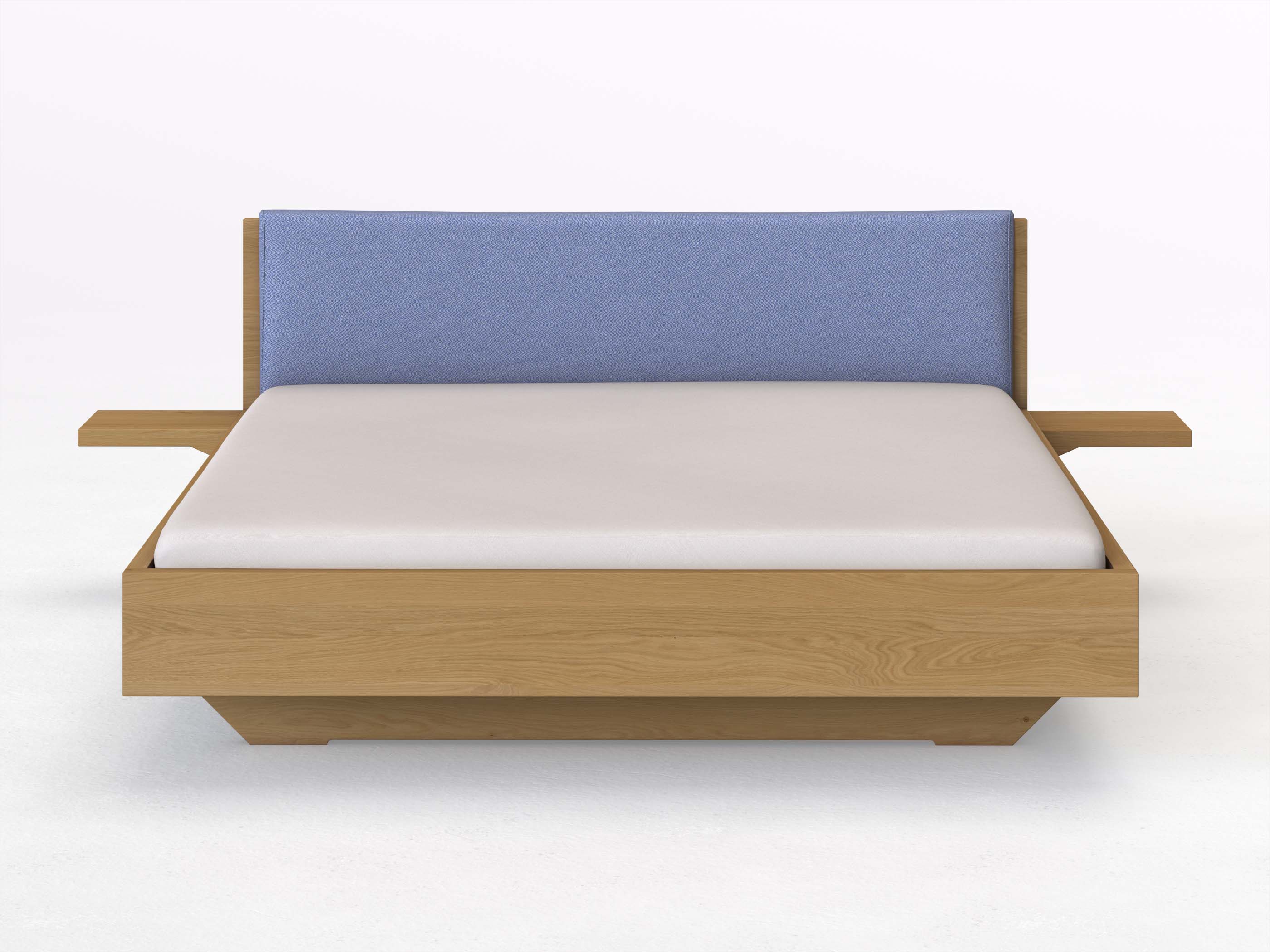 Eichenbett Hell „Lukas“ in 180 x 200 cm mit 2 Ablagen und Stoffkopfteil - Stoff: Schafschurwolle „Fischgrät“ in der Farbe Kornblume