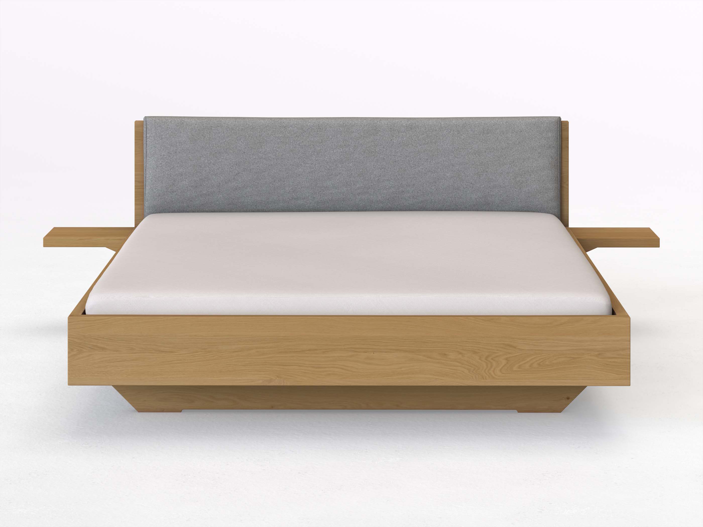 Eichenbett Hell „Lukas“ in 180 x 200 cm mit 2 Ablagen und Stoffkopfteil - Stoff: Schafschurwolle „Loden“ in der Farbe Nebelgrau