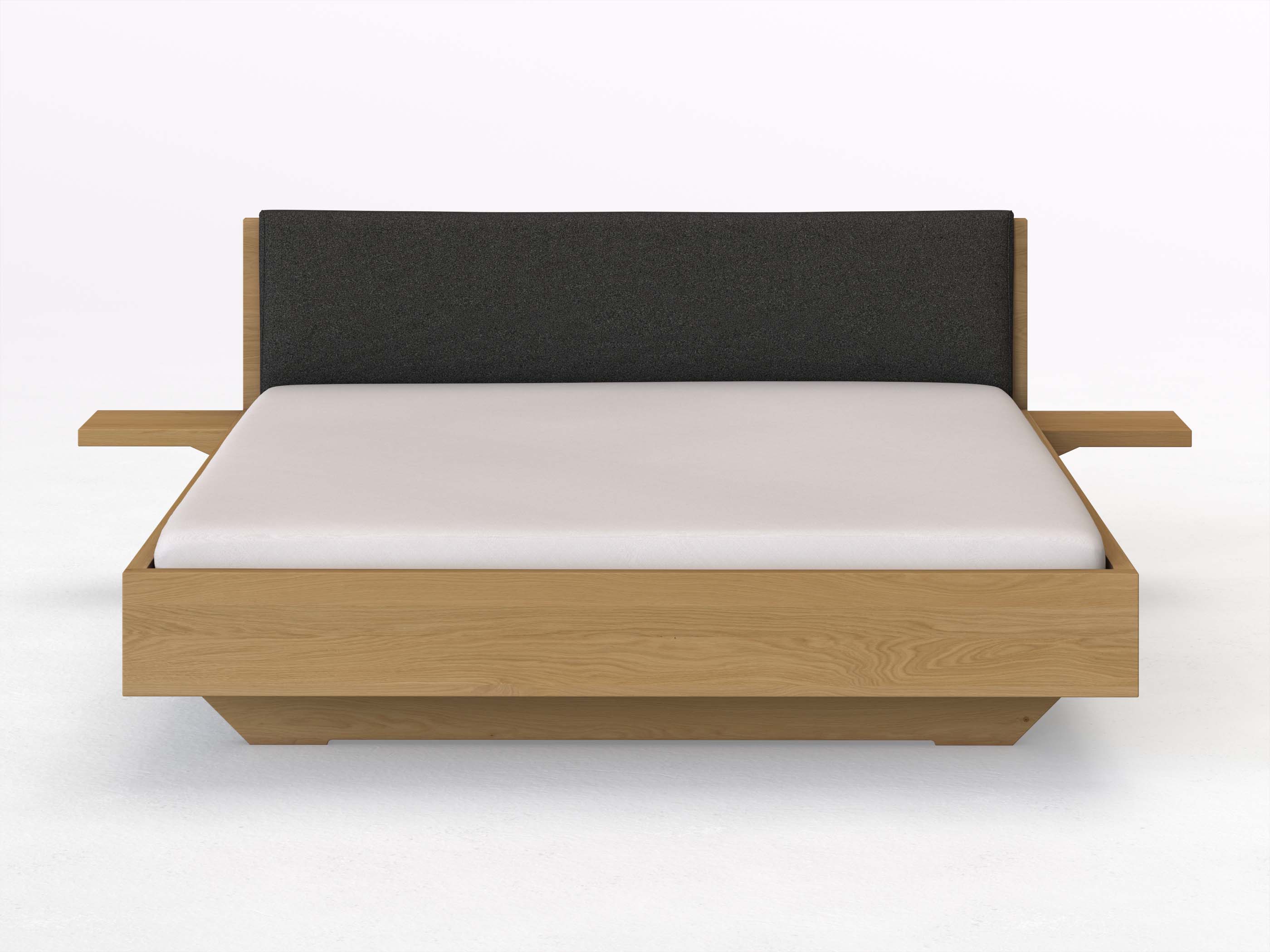 Eichenbett Hell „Lukas“ in 180 x 200 cm mit 2 Ablagen und Stoffkopfteil - Stoff: Schafschurwolle „Loden“ in der Farbe Anthrazit