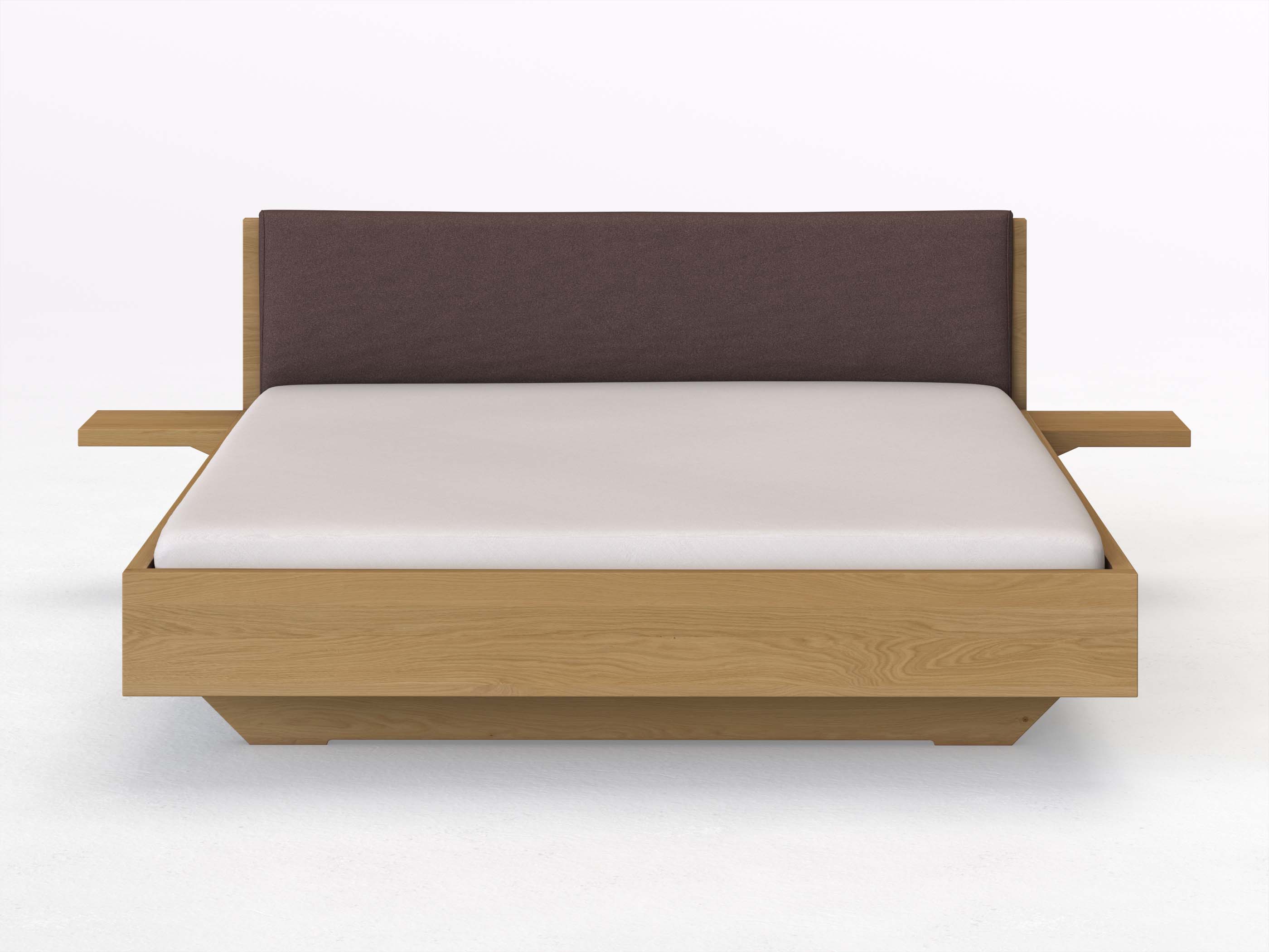 Eichenbett Hell „Lukas“ in 180 x 200 cm mit 2 Ablagen und Stoffkopfteil - Stoff: Schafschurwolle „Loden“ in der Farbe Abenddämmerung