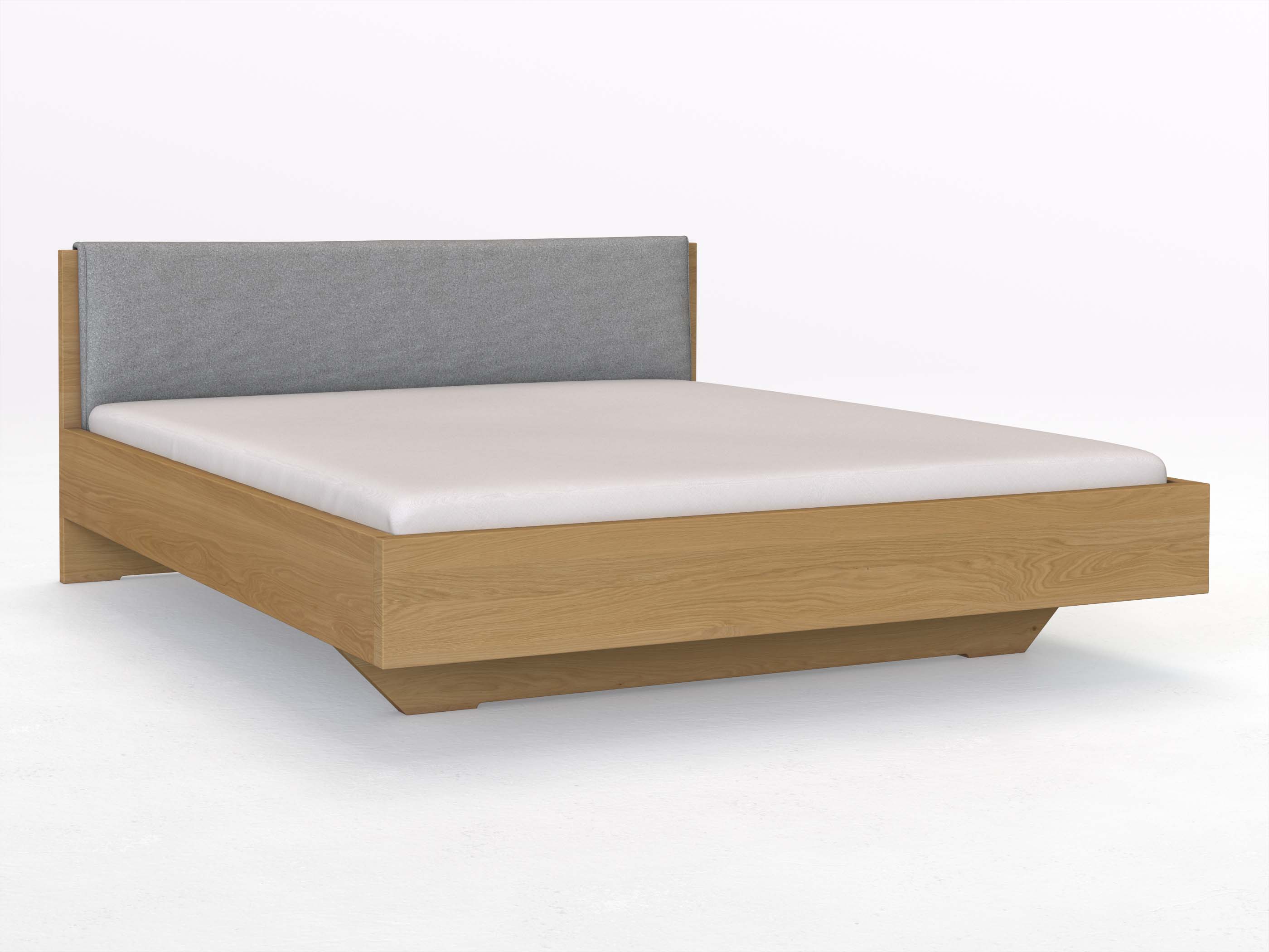 Eichenbett Hell „Lukas“ in 180 x 200 cm, mit Stoffkopfteil - Stoff: Schafschurwolle „Loden“ in der Farbe Nebelgrau