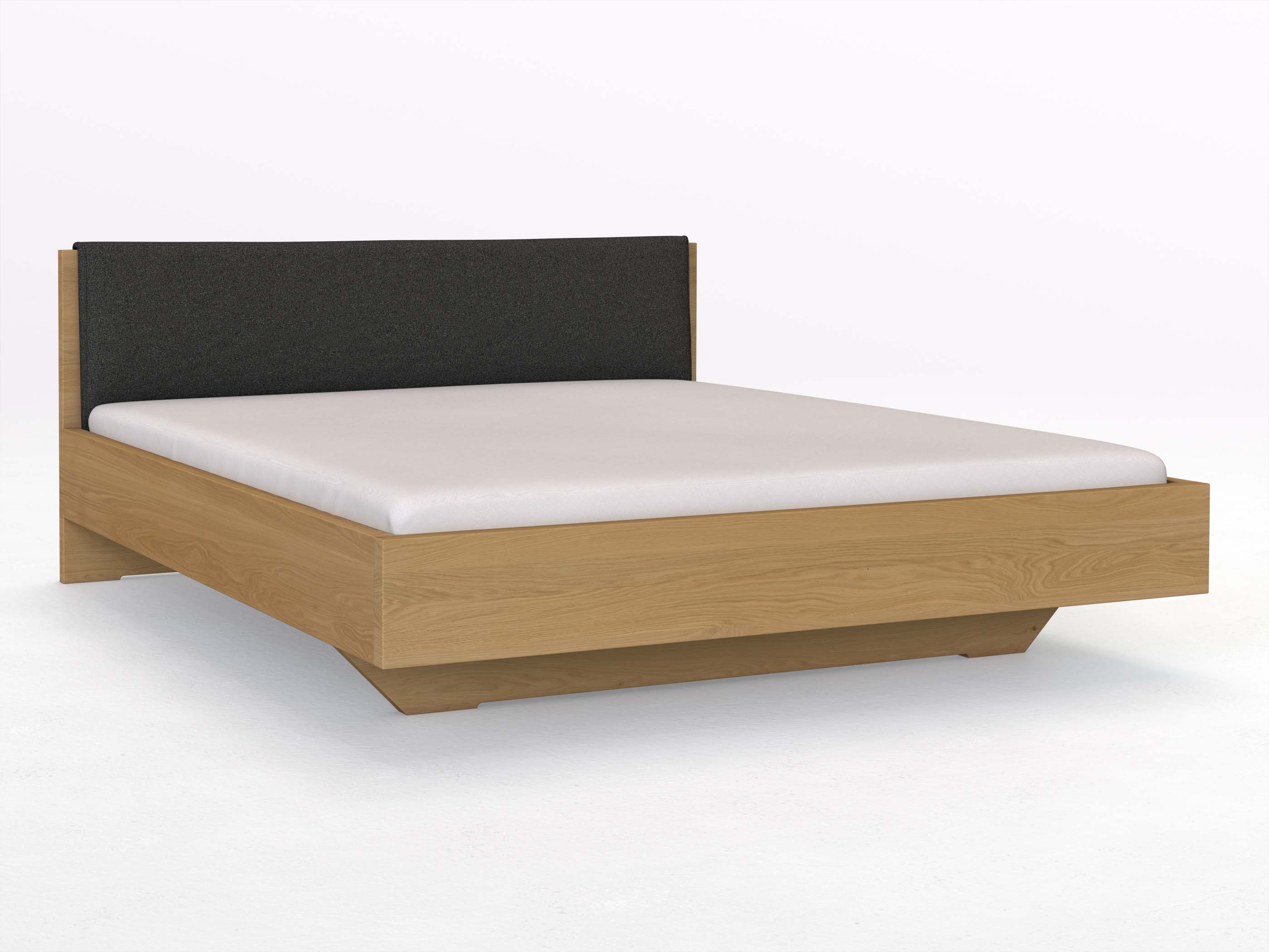 Eichenbett Hell „Lukas“ in 180 x 200 cm, mit Stoffkopfteil - Stoff: Schafschurwolle „Loden“ in der Farbe Anthrazit