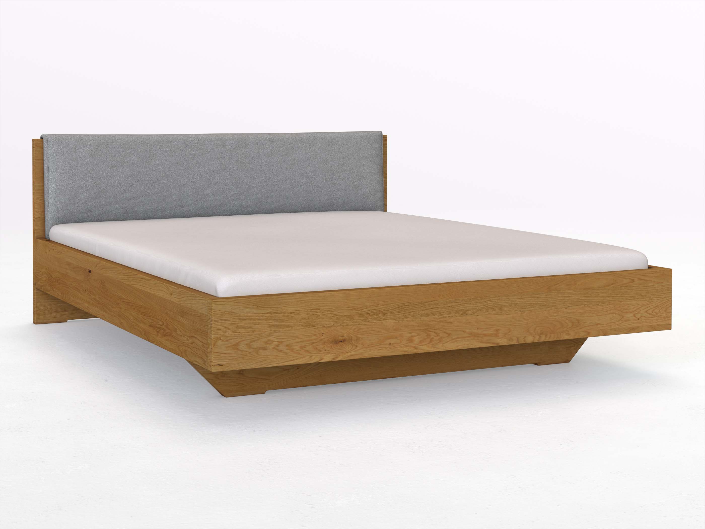 Eichenbett „Lukas“ in 180 x 200 cm, mit Stoffkopfteil - Stoff: Schafschurwolle „Loden“ in der Farbe Nebelgrau