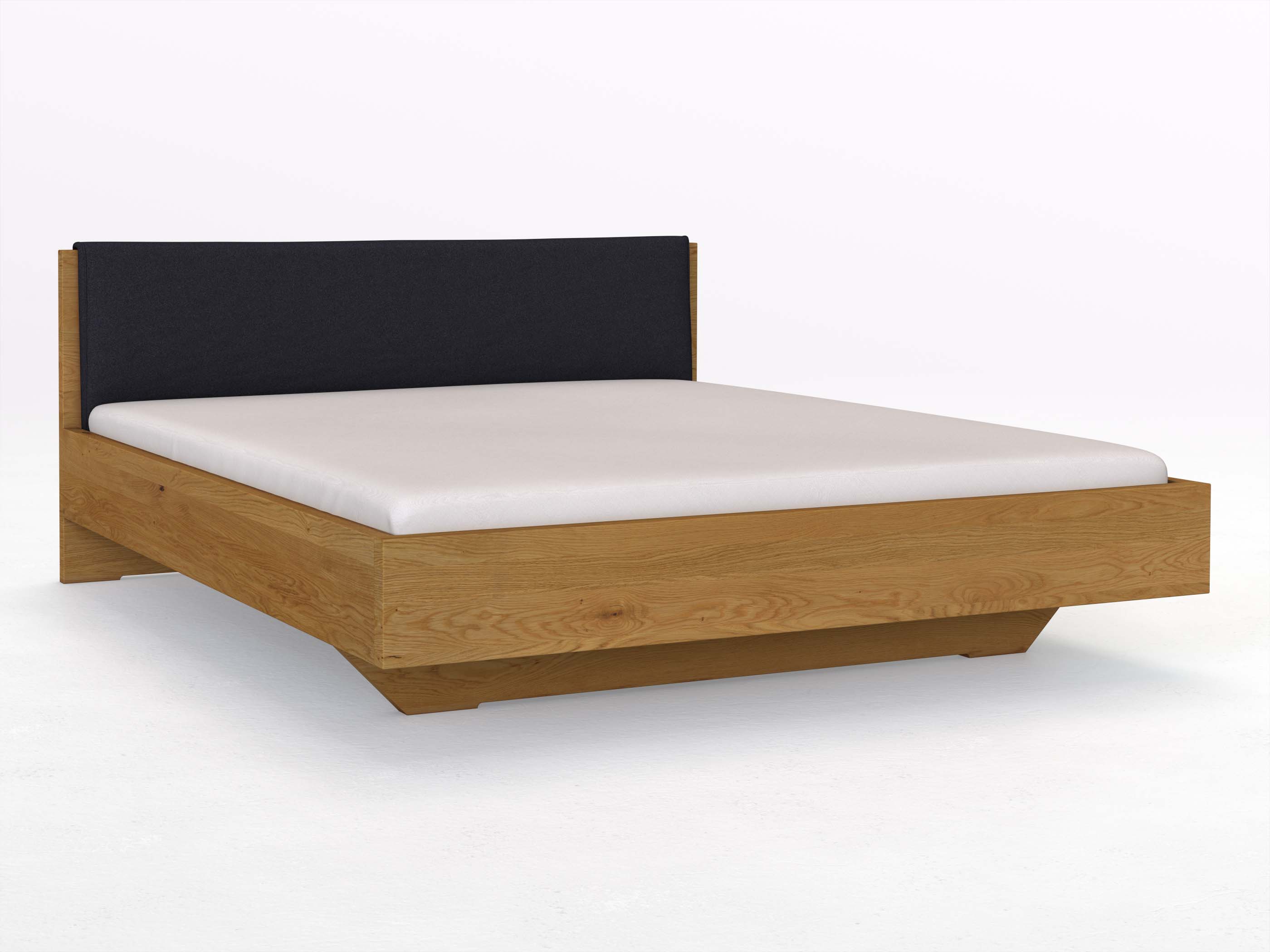 Eichenbett „Lukas“ in 180 x 200 cm, mit Stoffkopfteil - Stoff: Schafschurwolle „Loden“ in der Farbe Nachtblau