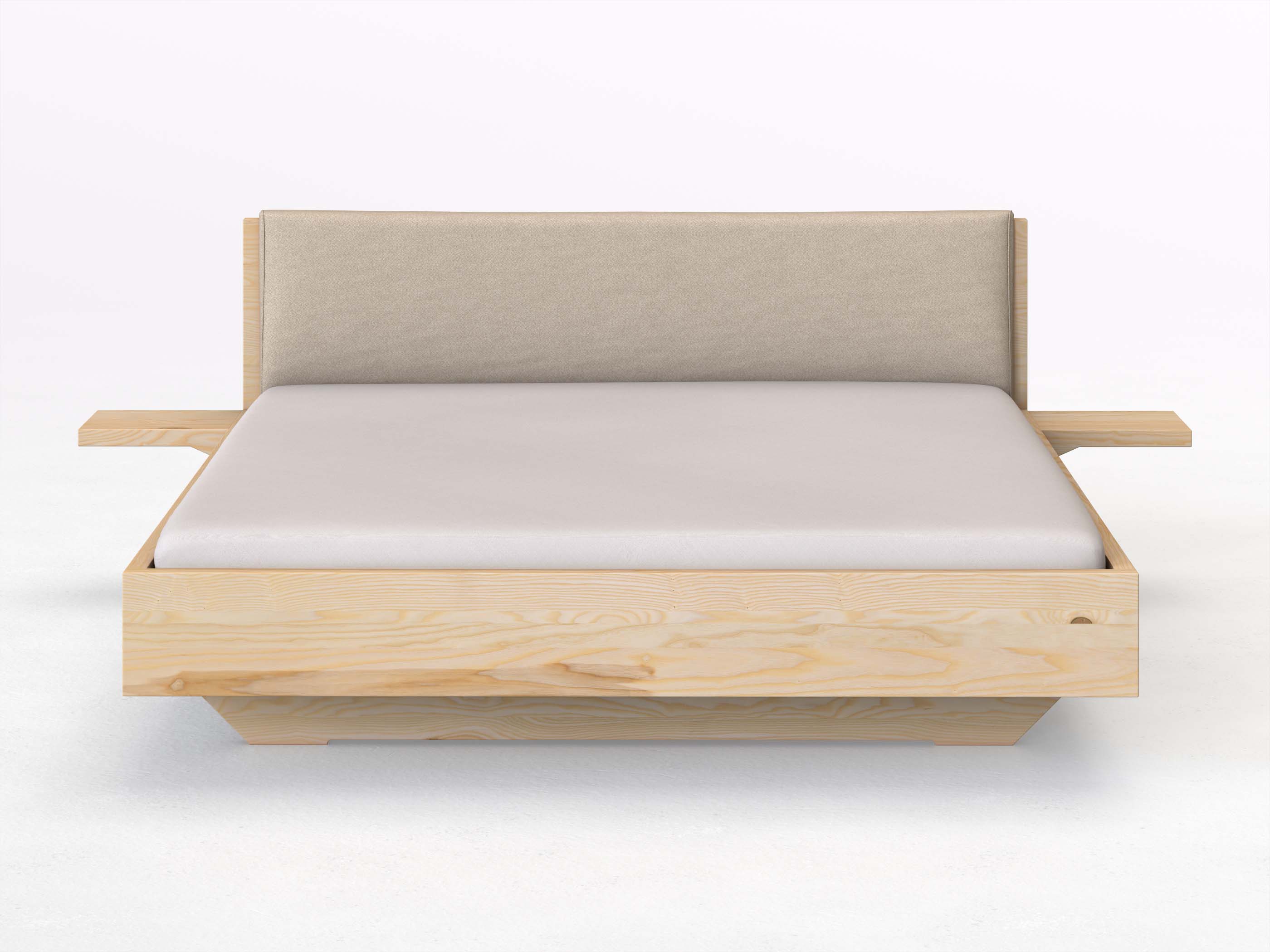 Eschenbett „Lukas“ in 180 x 200 cm mit 2 Ablagen und Stoffkopfteil - Stoff: Schafschurwolle „Fischgrät“ in der Farbe Holunderblüte