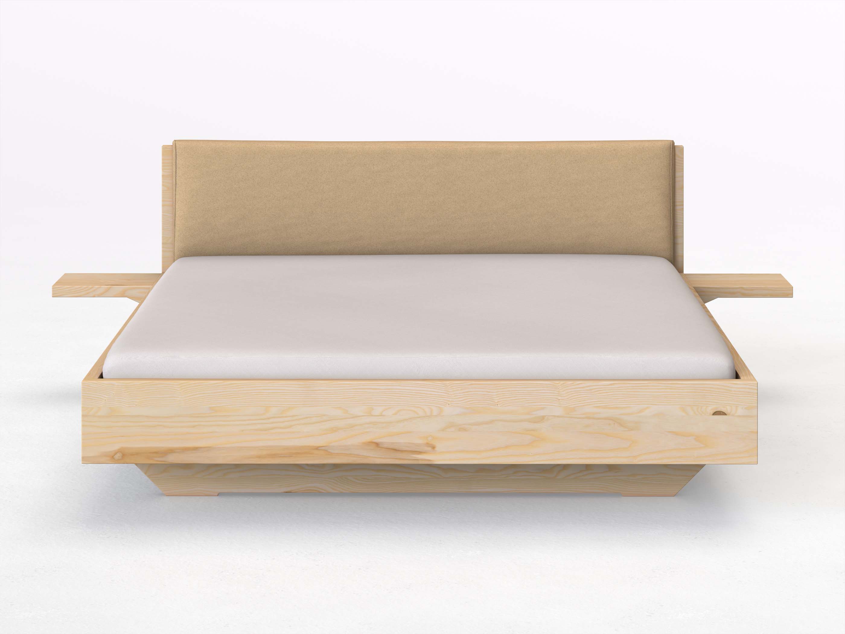 Eschenbett „Lukas“ in 180 x 200 cm mit 2 Ablagen und Stoffkopfteil - Stoff: Schafschurwolle „Fischgrät“ in der Farbe Goldhirse
