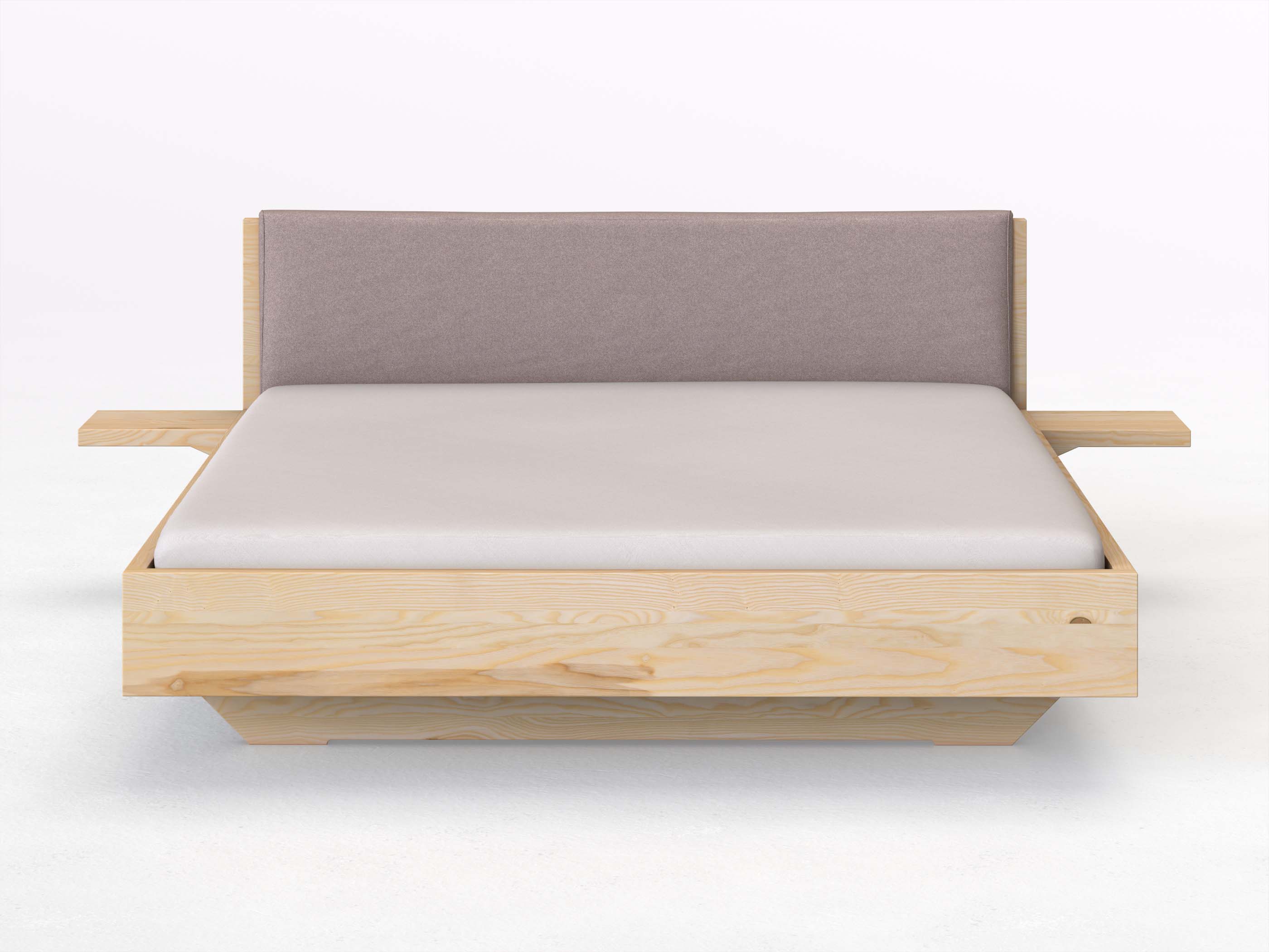 Eschenbett „Lukas“ in 180 x 200 cm mit 2 Ablagen und Stoffkopfteil - Stoff: Schafschurwolle „Fischgrät“ in der Farbe Zartflieder
