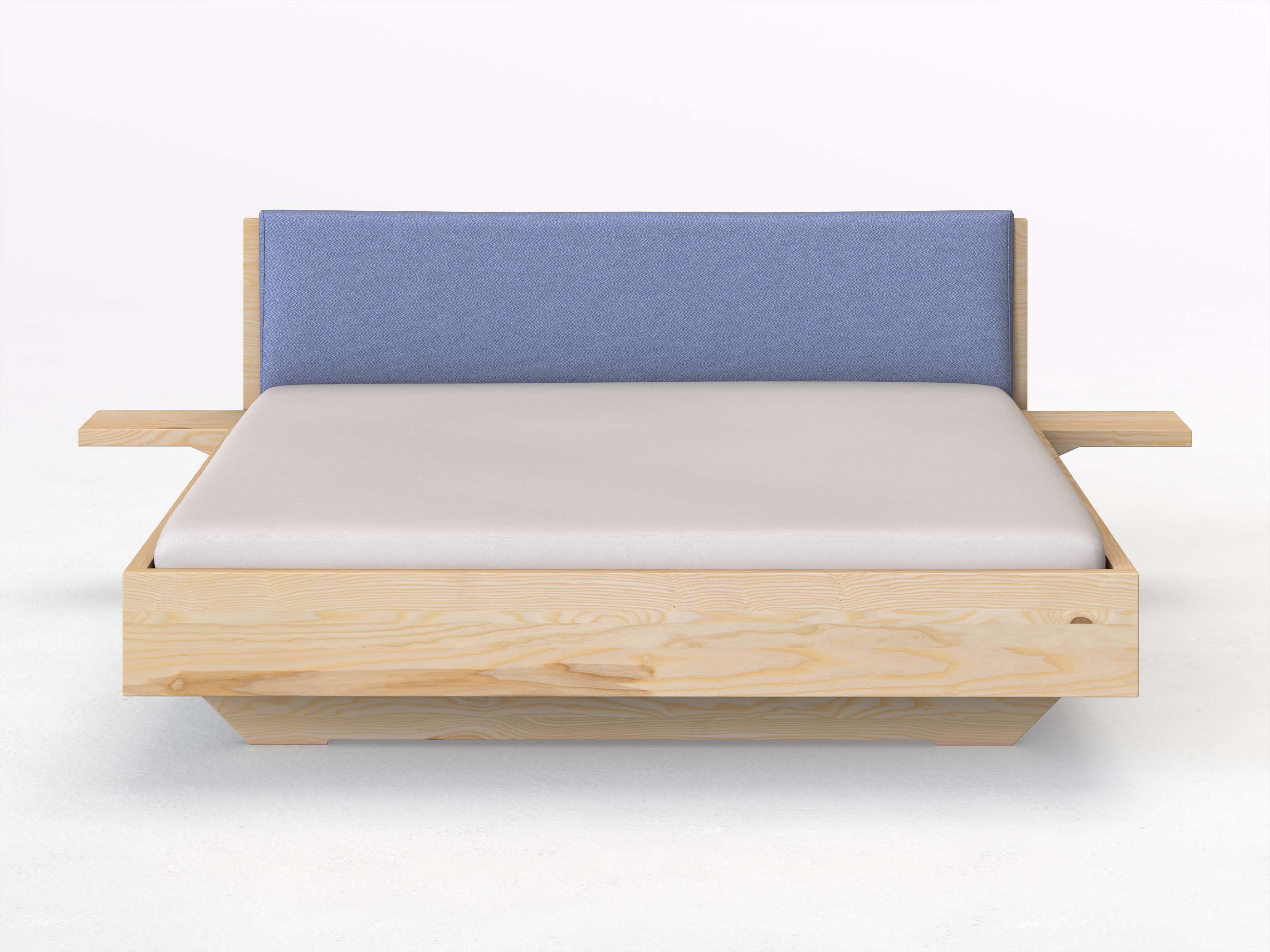Eschenbett „Lukas“ in 180 x 200 cm mit 2 Ablagen und Stoffkopfteil - Stoff: Schafschurwolle „Fischgrät“ in der Farbe Kornblume