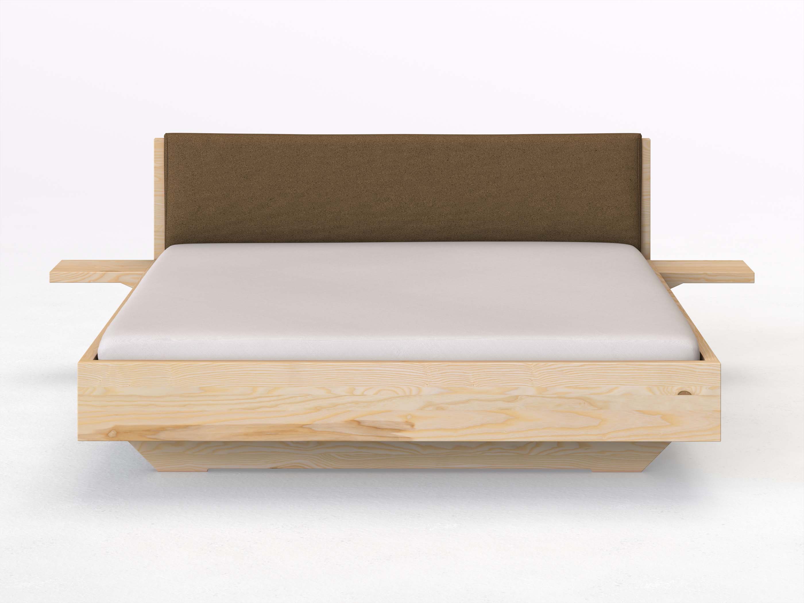 Eschenbett „Lukas“ in 180 x 200 cm mit 2 Ablagen und Stoffkopfteil - Stoff: Schafschurwolle „Loden“ in der Farbe Zimtrinde