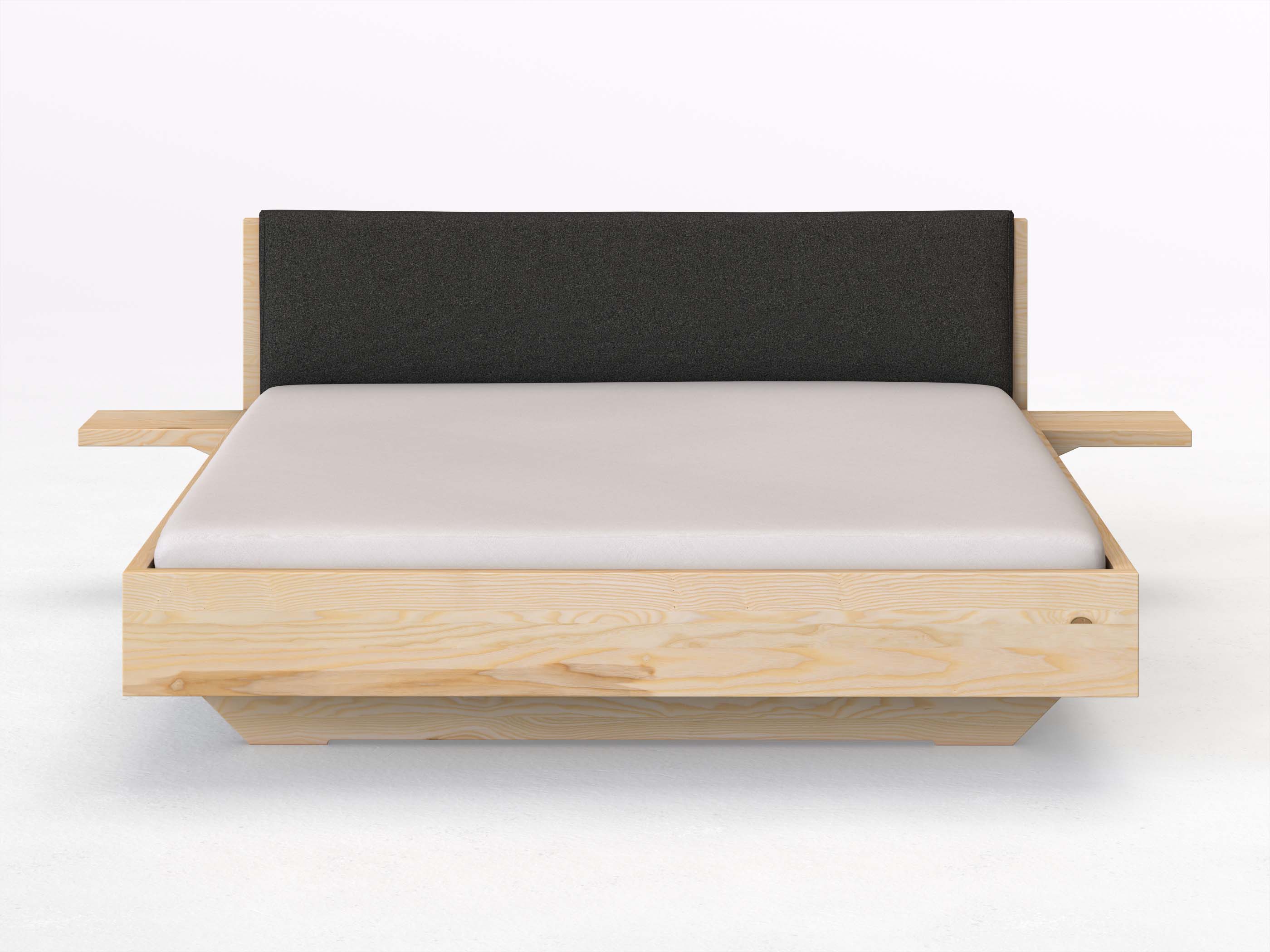 Eschenbett „Lukas“ in 180 x 200 cm mit 2 Ablagen und Stoffkopfteil - Stoff: Schafschurwolle „Loden“ in der Farbe Anthrazit