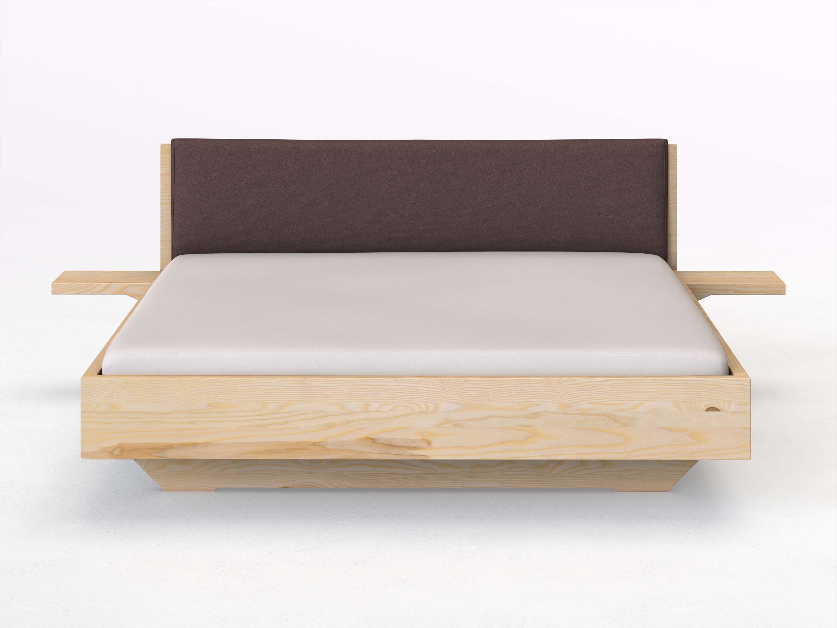 Eschenbett „Lukas“ in 180 x 200 cm mit 2 Ablagen und Stoffkopfteil - Stoff: Schafschurwolle „Loden“ in der Farbe Abenddämmerung