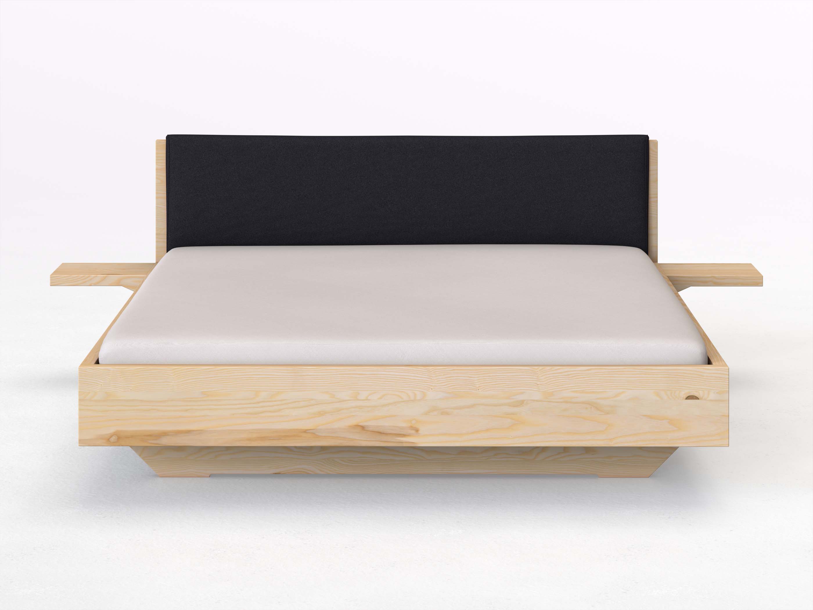 Eschenbett „Lukas“ in 180 x 200 cm mit 2 Ablagen und Stoffkopfteil - Stoff: Schafschurwolle „Loden“ in der Farbe Nachtblau
