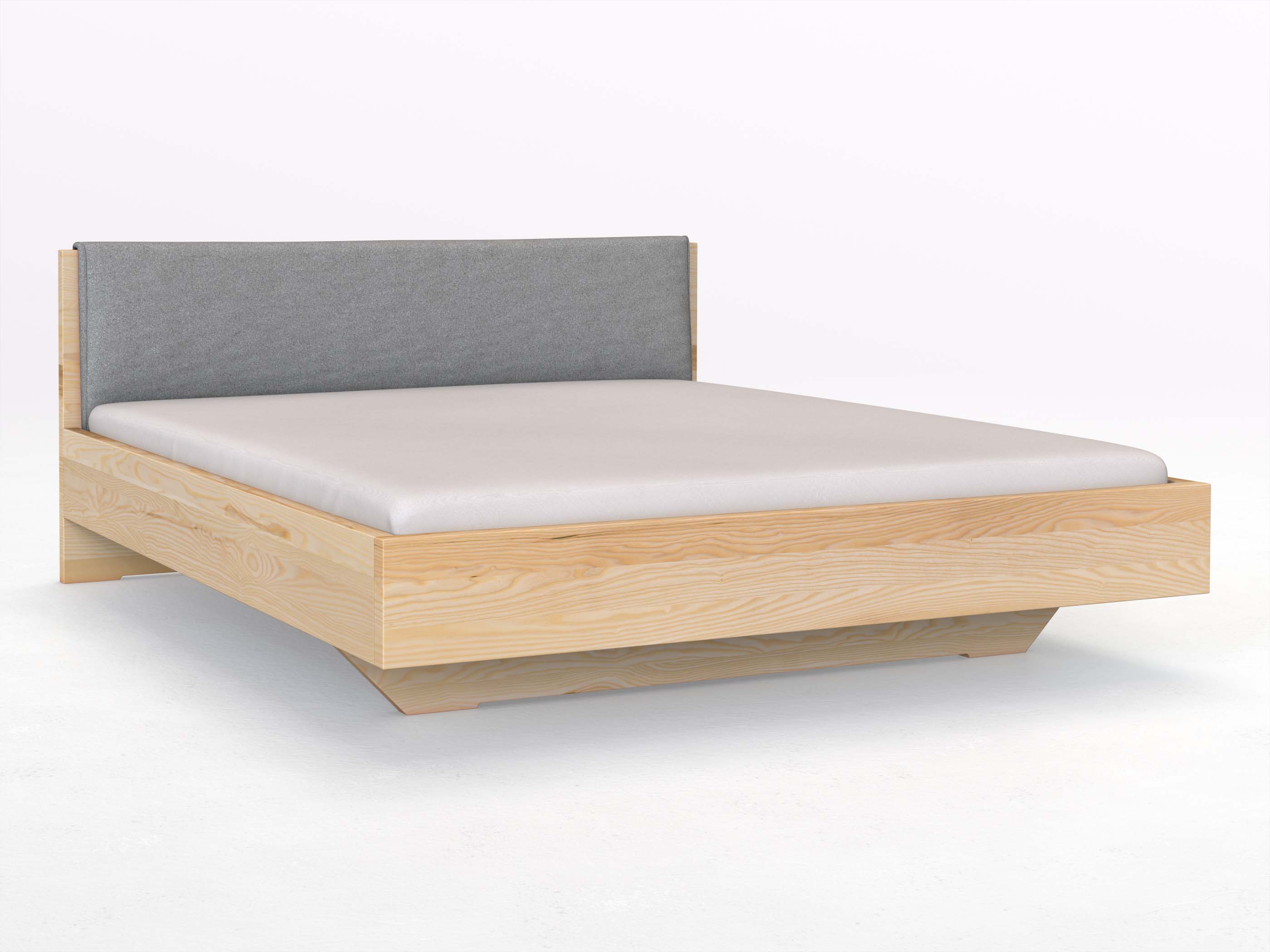 Eschenbett „Lukas“ in 180 x 200 cm, mit Stoffkopfteil - Stoff: Schafschurwolle „Loden“ in der Farbe Nebelgrau