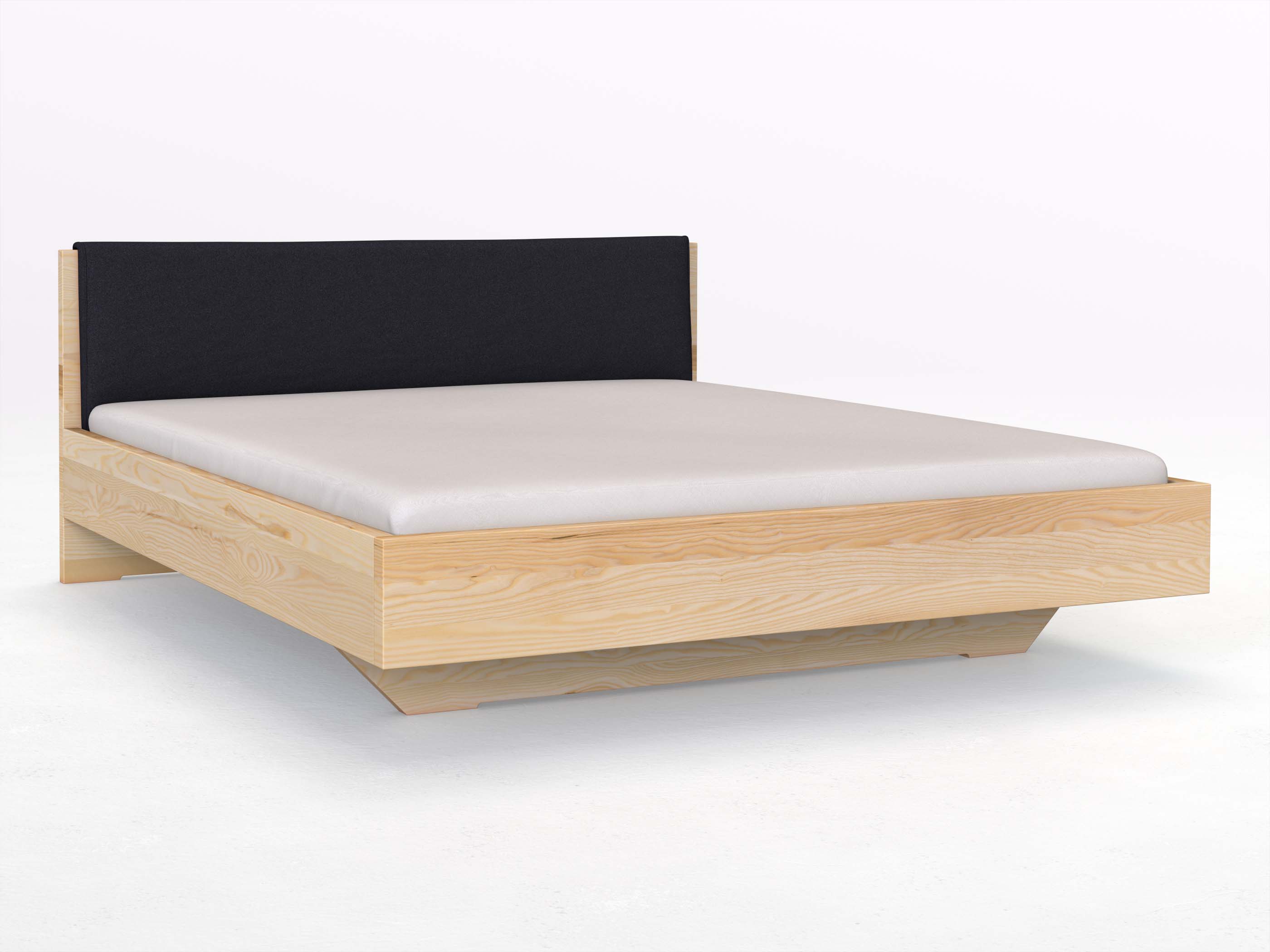 Eschenbett „Lukas“ in 180 x 200 cm, mit Stoffkopfteil - Stoff: Schafschurwolle „Loden“ in der Farbe Nachtblau