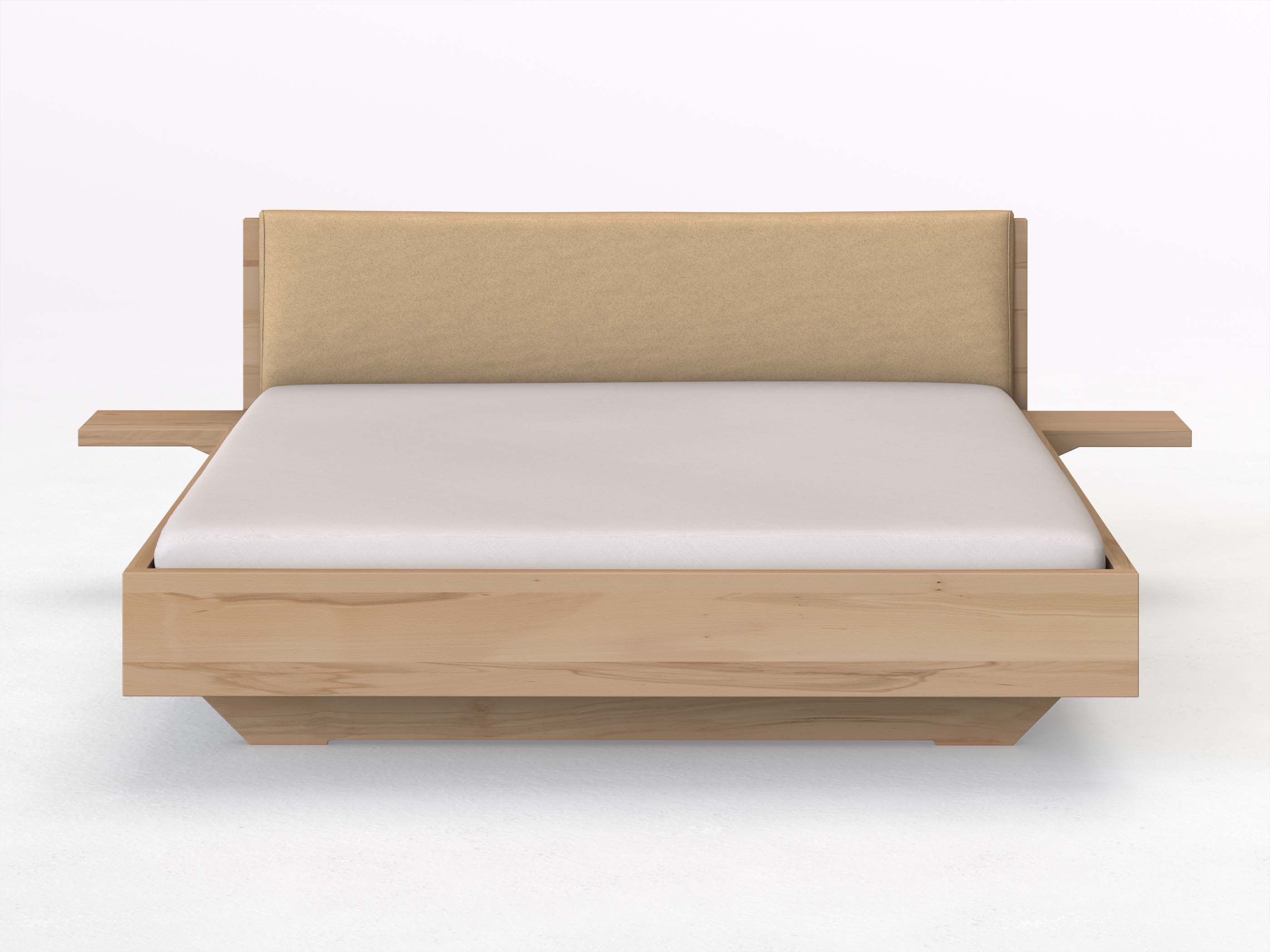 Kernbuchenbett „Lukas“ in 180 x 200 cm mit 2 Ablagen und Stoffkopfteil - Stoff: Schafschurwolle „Fischgrät“ in der Farbe Goldhirse
