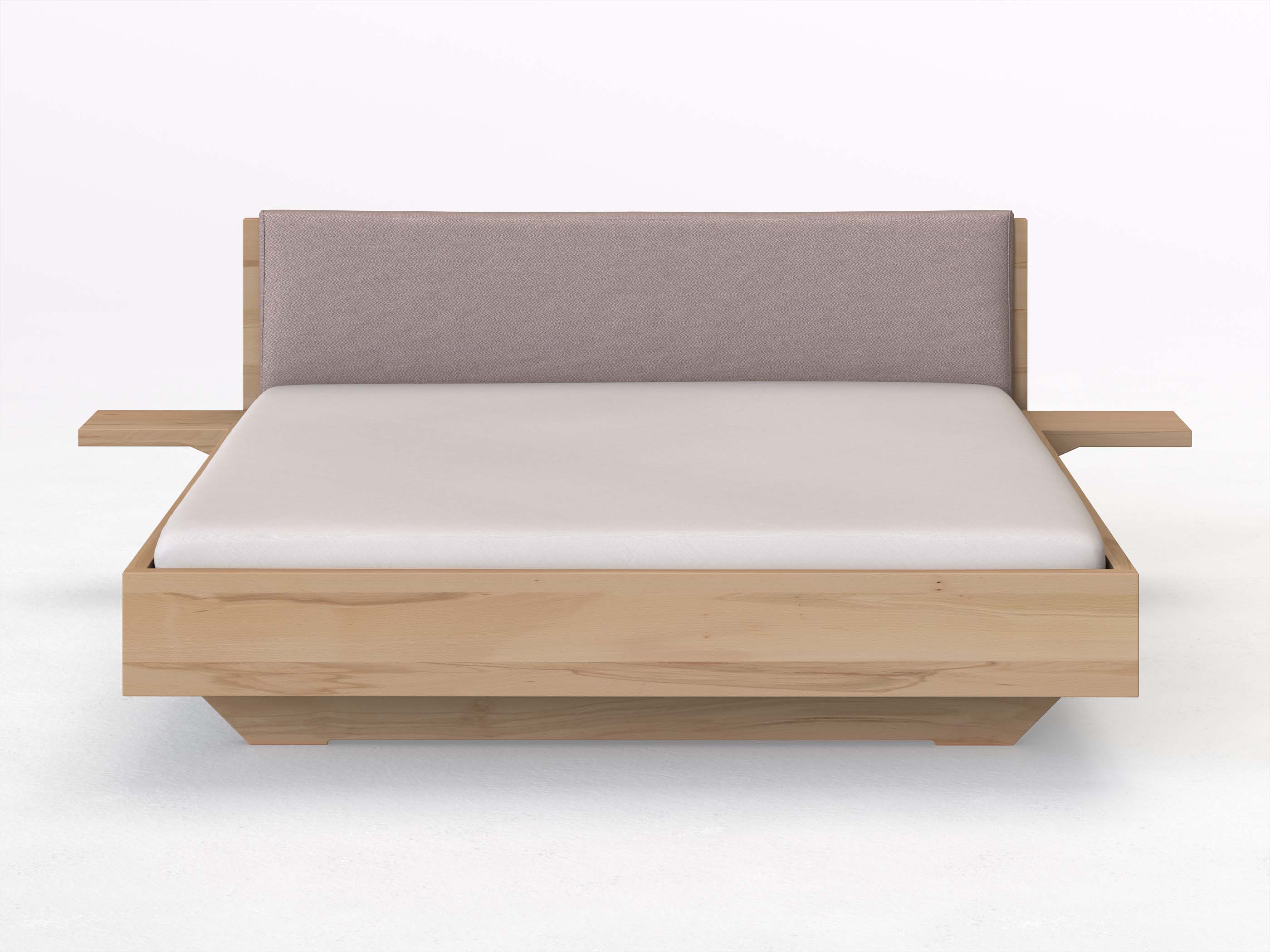 Kernbuchenbett „Lukas“ in 180 x 200 cm mit 2 Ablagen und Stoffkopfteil - Stoff: Schafschurwolle „Fischgrät“ in der Farbe Zartflieder