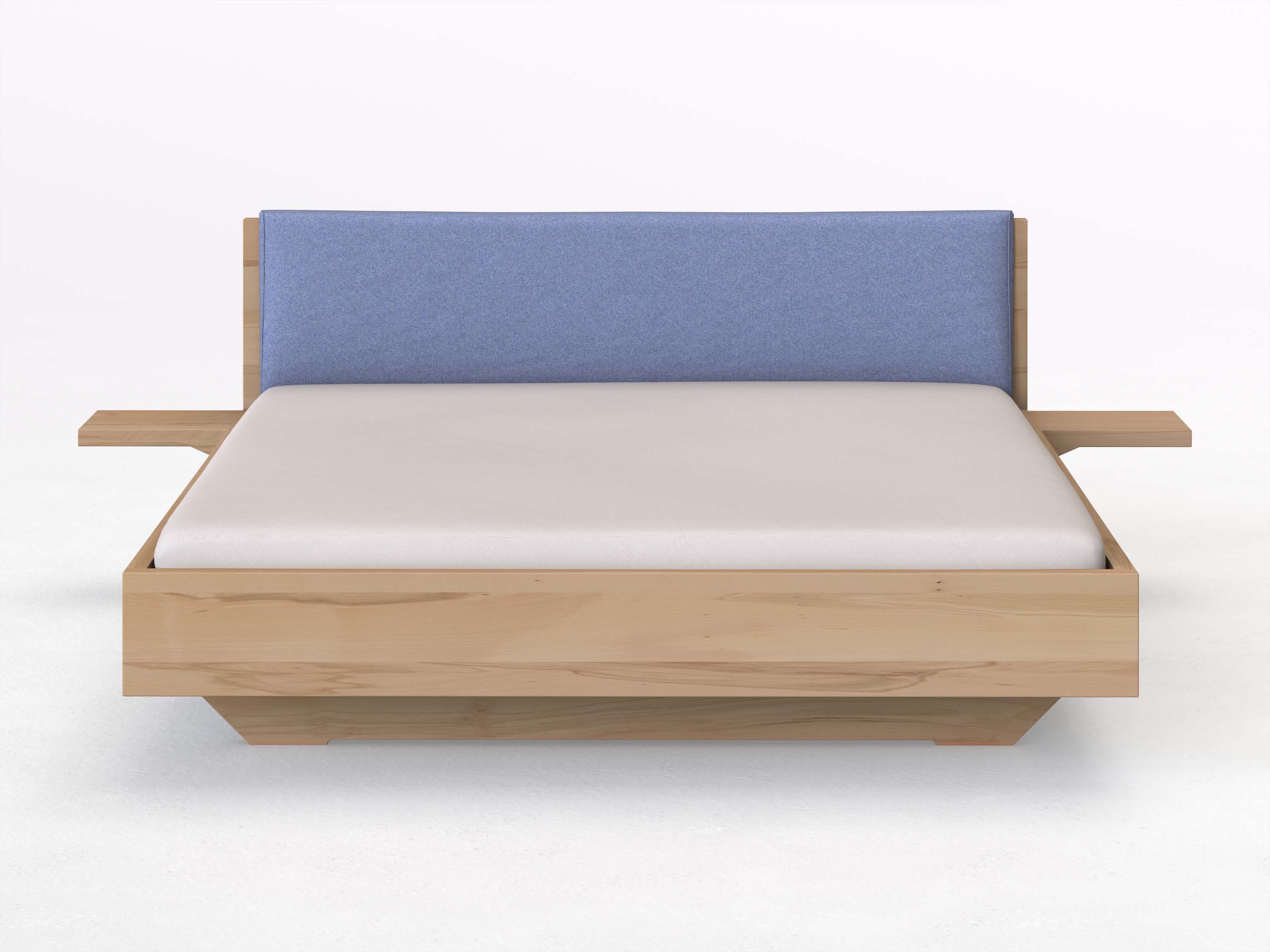 Kernbuchenbett „Lukas“ in 180 x 200 cm mit 2 Ablagen und Stoffkopfteil - Stoff: Schafschurwolle „Fischgrät“ in der Farbe Kornblume