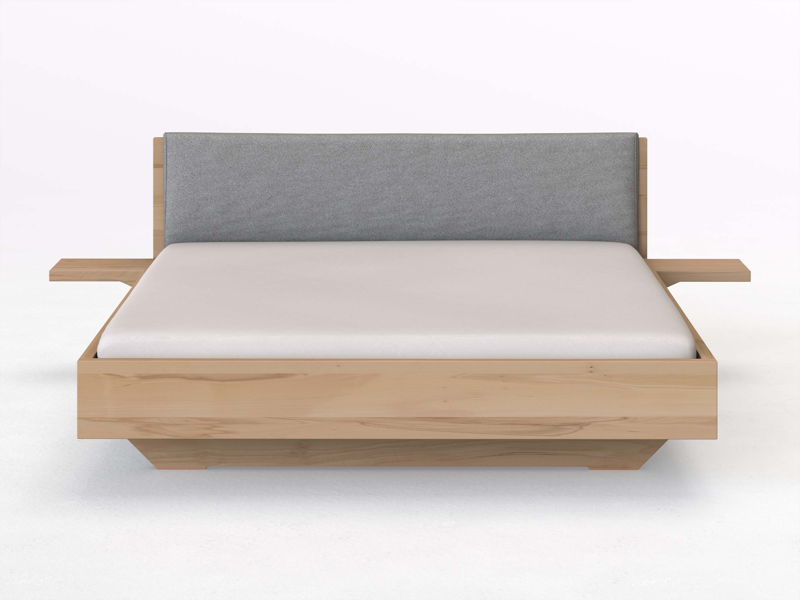 Kernbuchenbett „Lukas“ in 180 x 200 cm mit 2 Ablagen und Stoffkopfteil - Stoff: Schafschurwolle „Loden“ in der Farbe Nebelgrau
