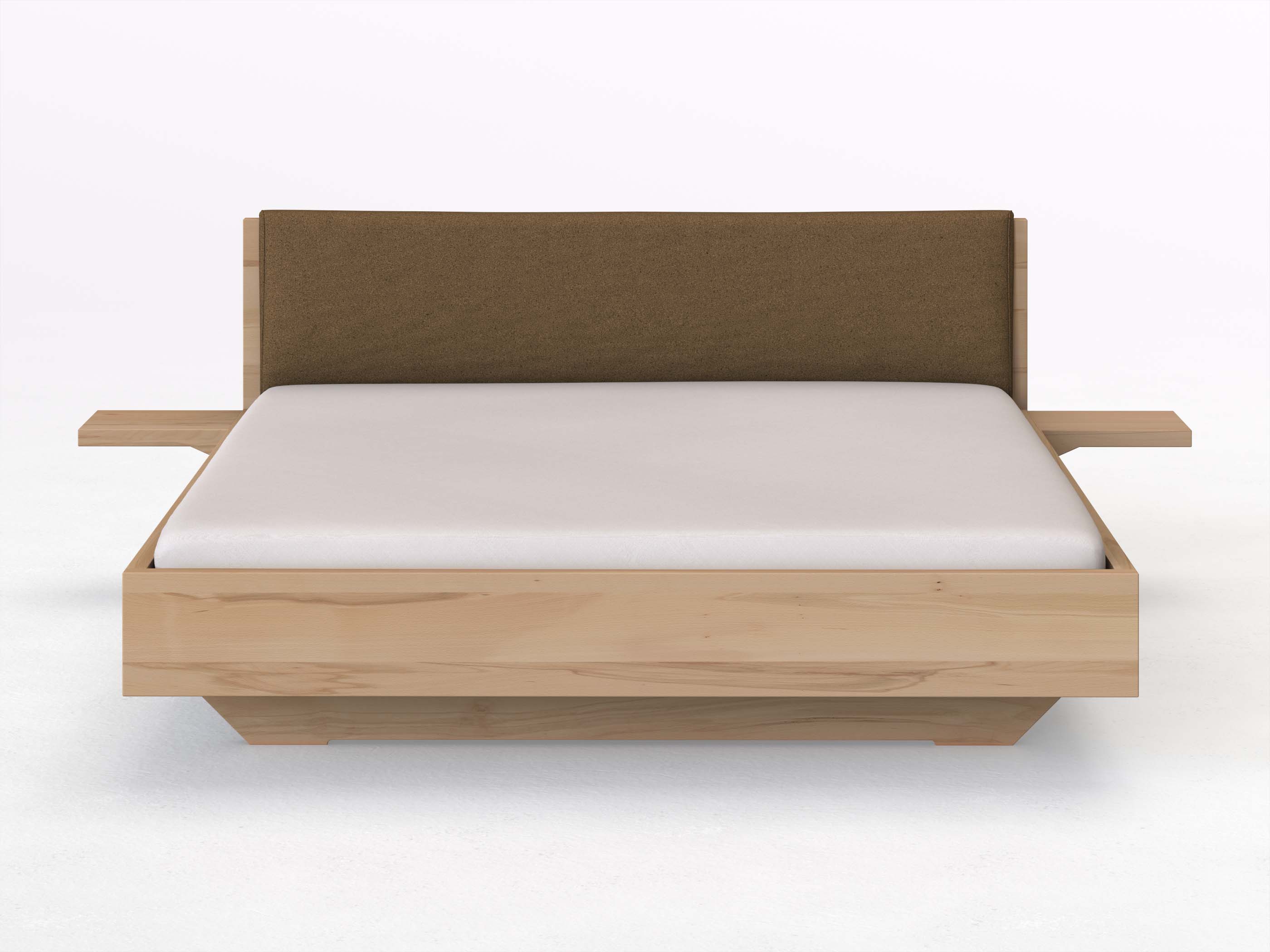 Kernbuchenbett „Lukas“ in 180 x 200 cm mit 2 Ablagen und Stoffkopfteil - Stoff: Schafschurwolle „Loden“ in der Farbe Zimtrinde