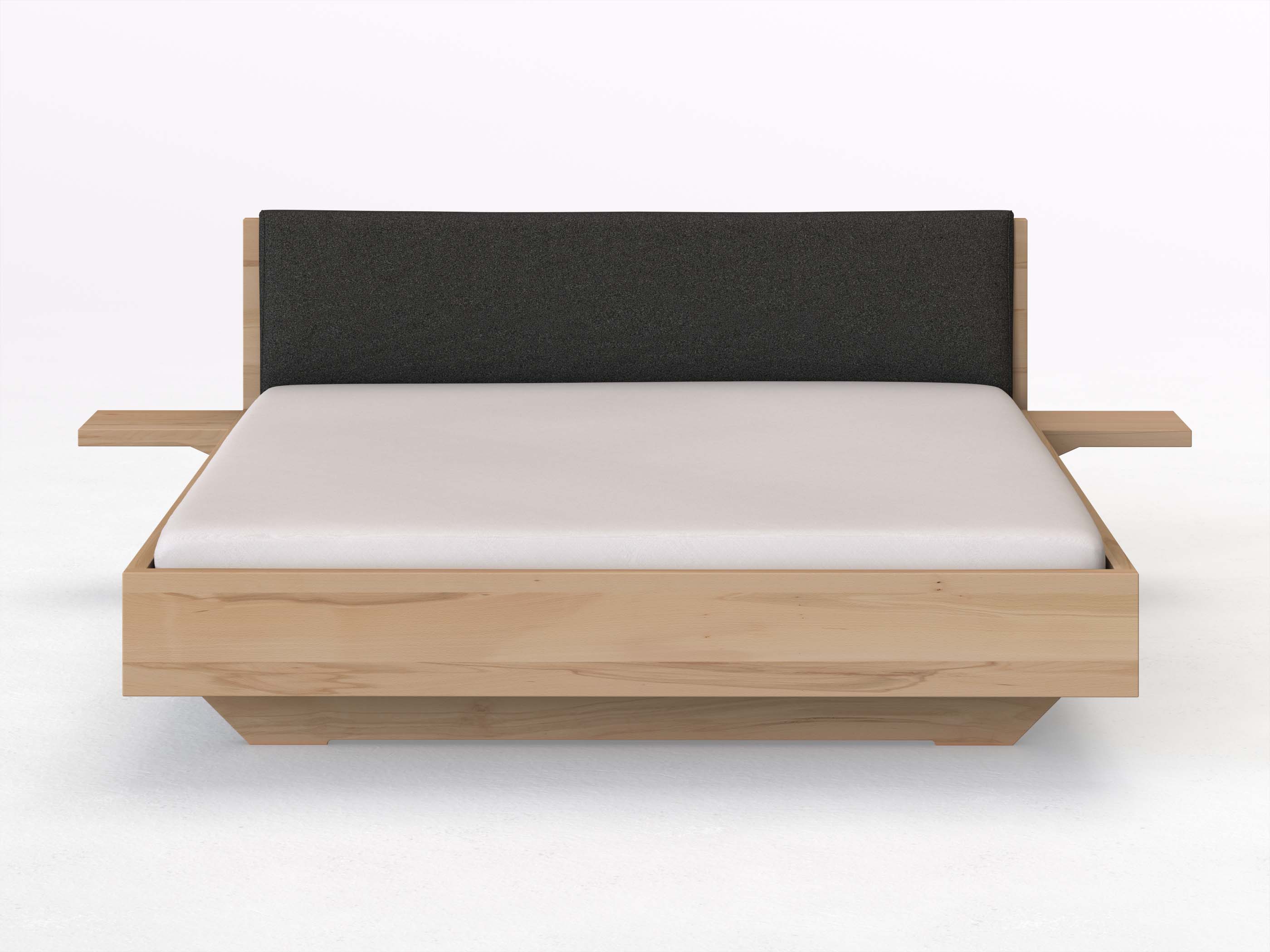 Kernbuchenbett „Lukas“ in 180 x 200 cm mit 2 Ablagen und Stoffkopfteil - Stoff: Schafschurwolle „Loden“ in der Farbe Anthrazit