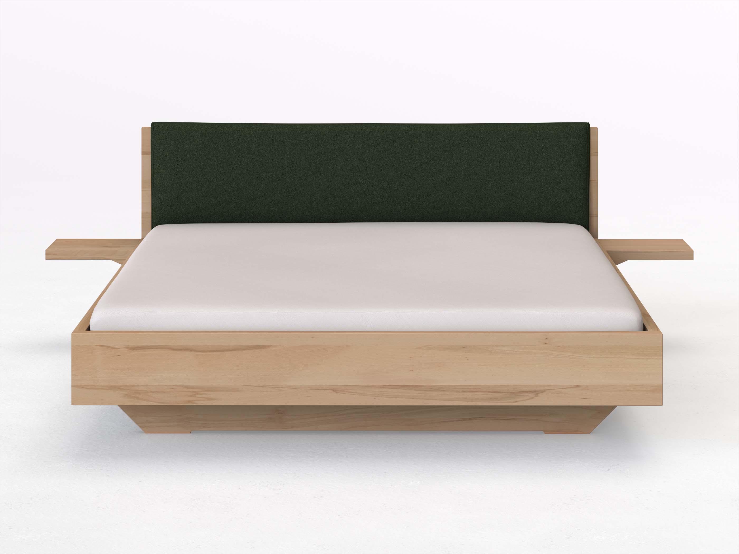 Kernbuchenbett „Lukas“ in 180 x 200 cm mit 2 Ablagen und Stoffkopfteil - Stoff: Schafschurwolle „Loden“ in der Farbe Tannenwald